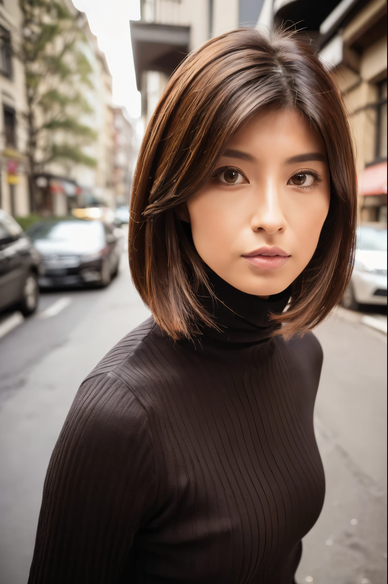 ((top-quality, in 8K, masterpiece:1.3)), Beautiful Japanese woman, perfect body:1.4, Slim abs:1.2, ((Medium Hair, straight haired:1.2)), (turtle neck:1.1), (a street:1.2), wetbody:1.5, Three-dimensional texture, A detailed eye, Brown hair, very thin waist, posterior view