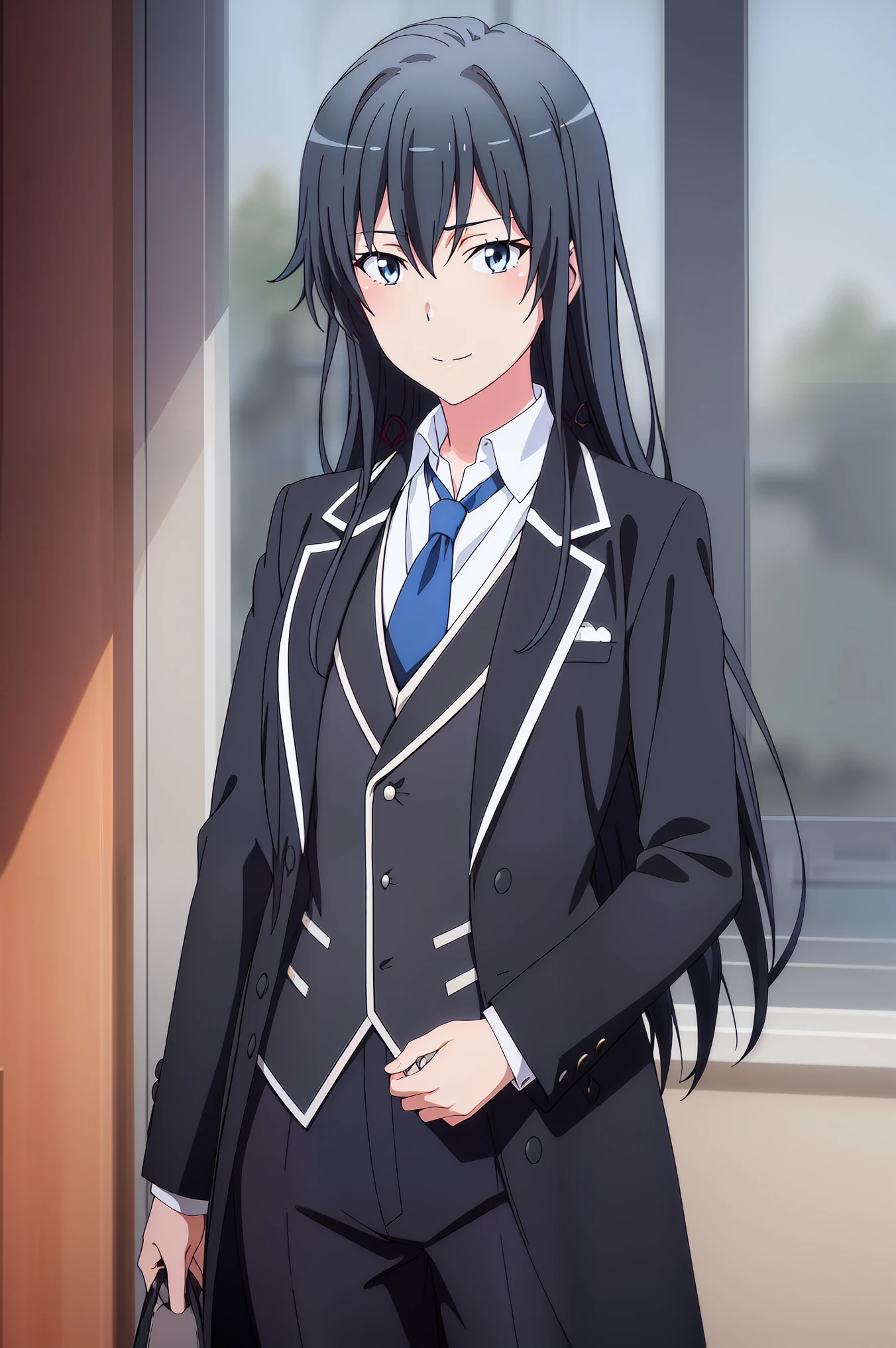 Yukinoshita Yukino ,A woman wearing a formal, attractive coat stands in a large gap in the room , 1girl, Single, blue necktie, Black hair, Blue eyes, long hair, He smiles , Collared shirt, White pants, White shirt , Elegantly designed coat , Stand in front of the window ,Perfectly tailored tailcoat. It has a stunning Victorian design and is made of lustrous fabric
