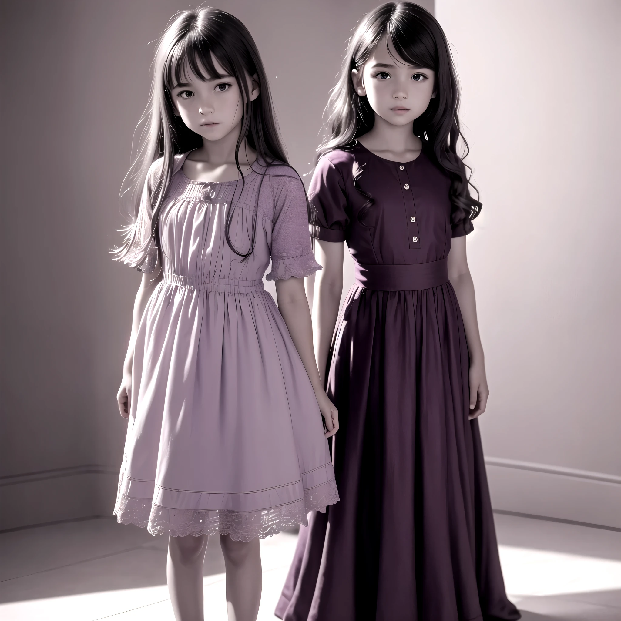 A brunette child girl parading wearing a light green dress and next to her a blonde child girl wearing a light pink dress with details