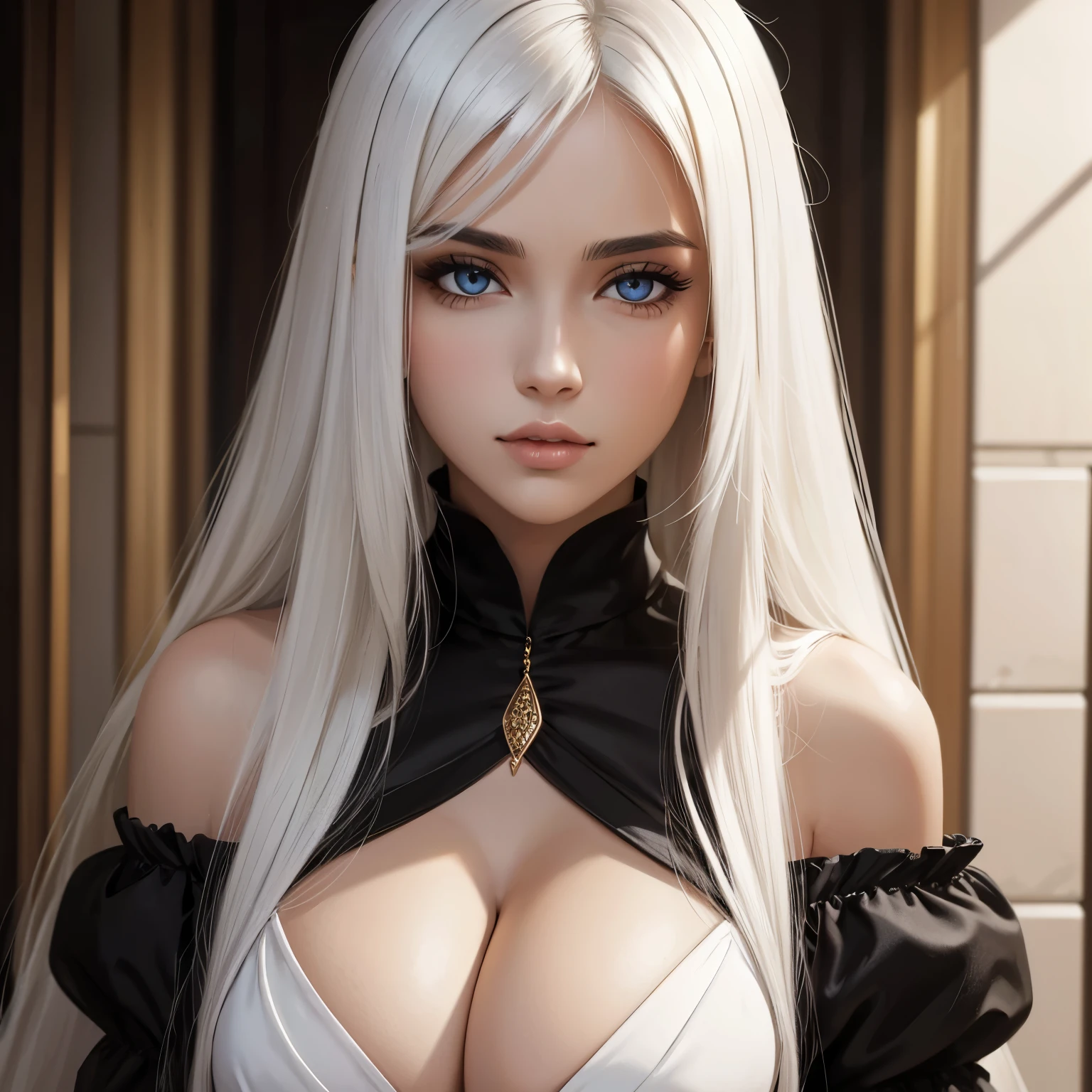 Most beautiful woman with black wide eyes and with big tight chest and with white silky hair 