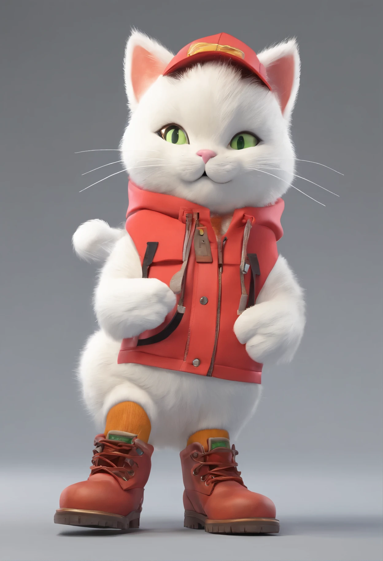 cute cat, ..3D, white fur, green eyes, hood, red shirt, boots, holding box in hand, Beautiful 3D rendering, 3D rendering stylization, The numbers are lovely, Cartoon rendering key shots, maxwell render, Beautifully detailed digital art, 3D character rendering, Very rich in character details, Stylized as rendering ..3D, 3D rendering stylized, trucker! c4d