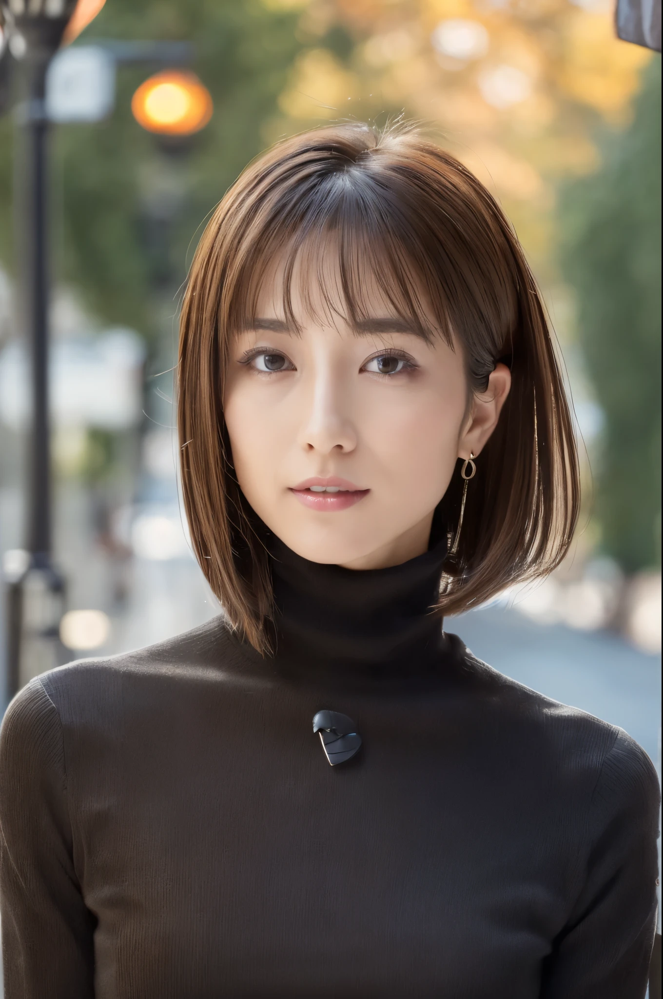 ((top-quality, in 8K, masterpiece:1.3)), Beautiful Japanese woman, perfect body:1.4, Slim abs:1.2, ((Medium Hair, straight haired:1.2)), (turtle neck:1.1), (a street:1.2), wetbody:1.5, Three-dimensional texture, A detailed eye, Brown hair, very thin waist, posterior view