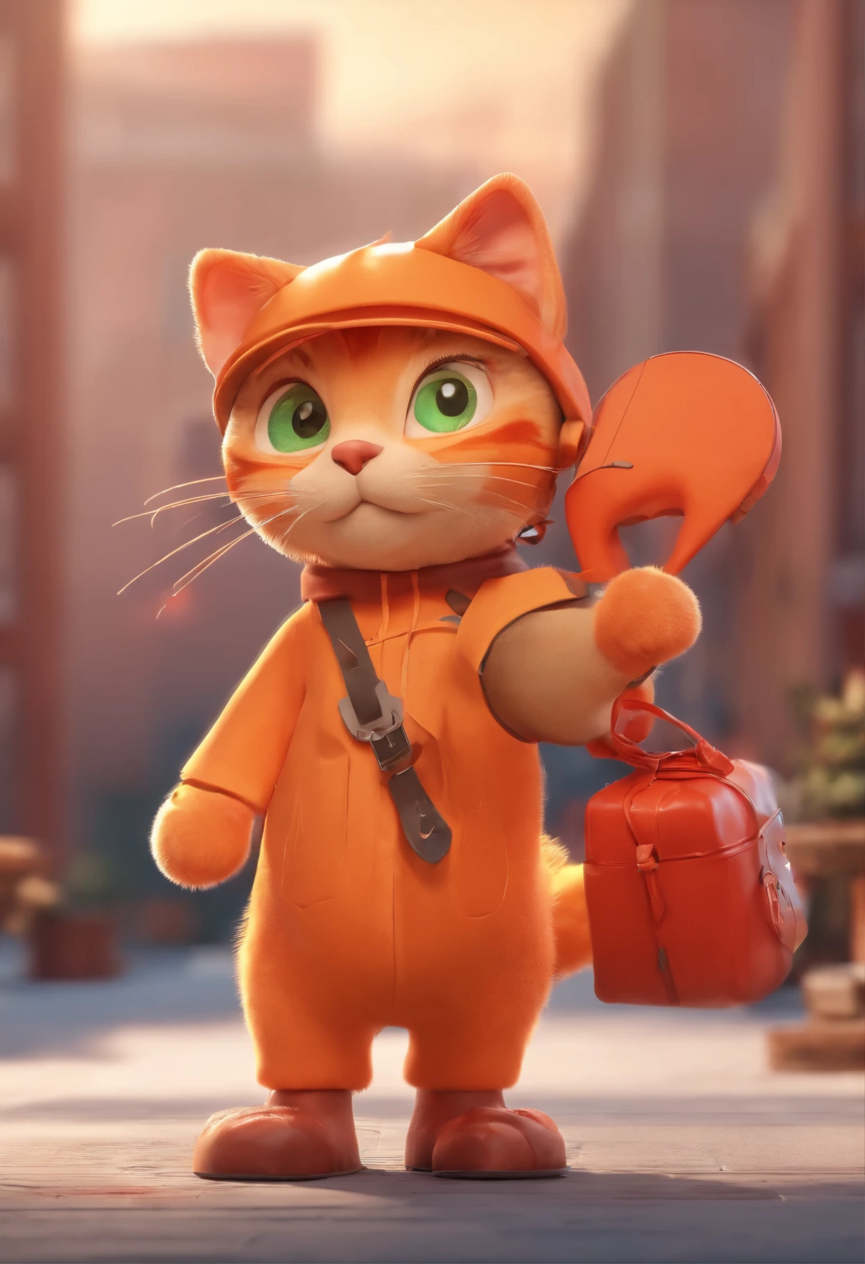 Cute orange cat,, , hood, red shirt, boots, holding box in hand, Beautiful 3D rendering, 3D rendering stylization, The numbers are lovely, Cartoon rendering key shots, maxwell render, Beautifully detailed digital art, 3D character rendering, Very rich in character details, Stylized as rendering ..3D, 3D rendering stylized, trucker! c4d,HD resolution