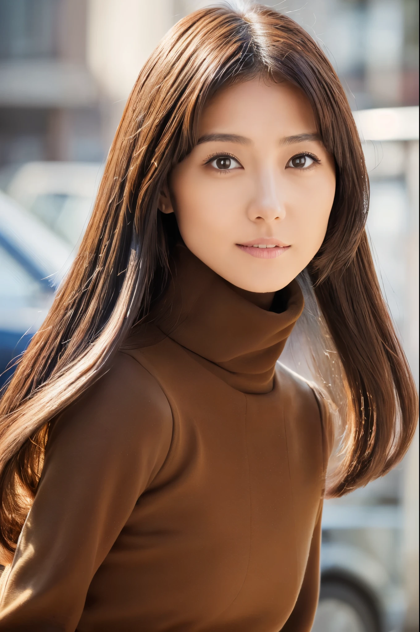 ((top-quality, in 8K, masterpiece:1.3)), Beautiful Japanese woman, perfect body:1.4, Slim abs:1.2, ((Medium Hair, straight haired:1.2)), (turtle neck:1.1), (a street:1.2), wetbody:1.5, Three-dimensional texture, A detailed eye, Brown hair, very thin waist, posterior view