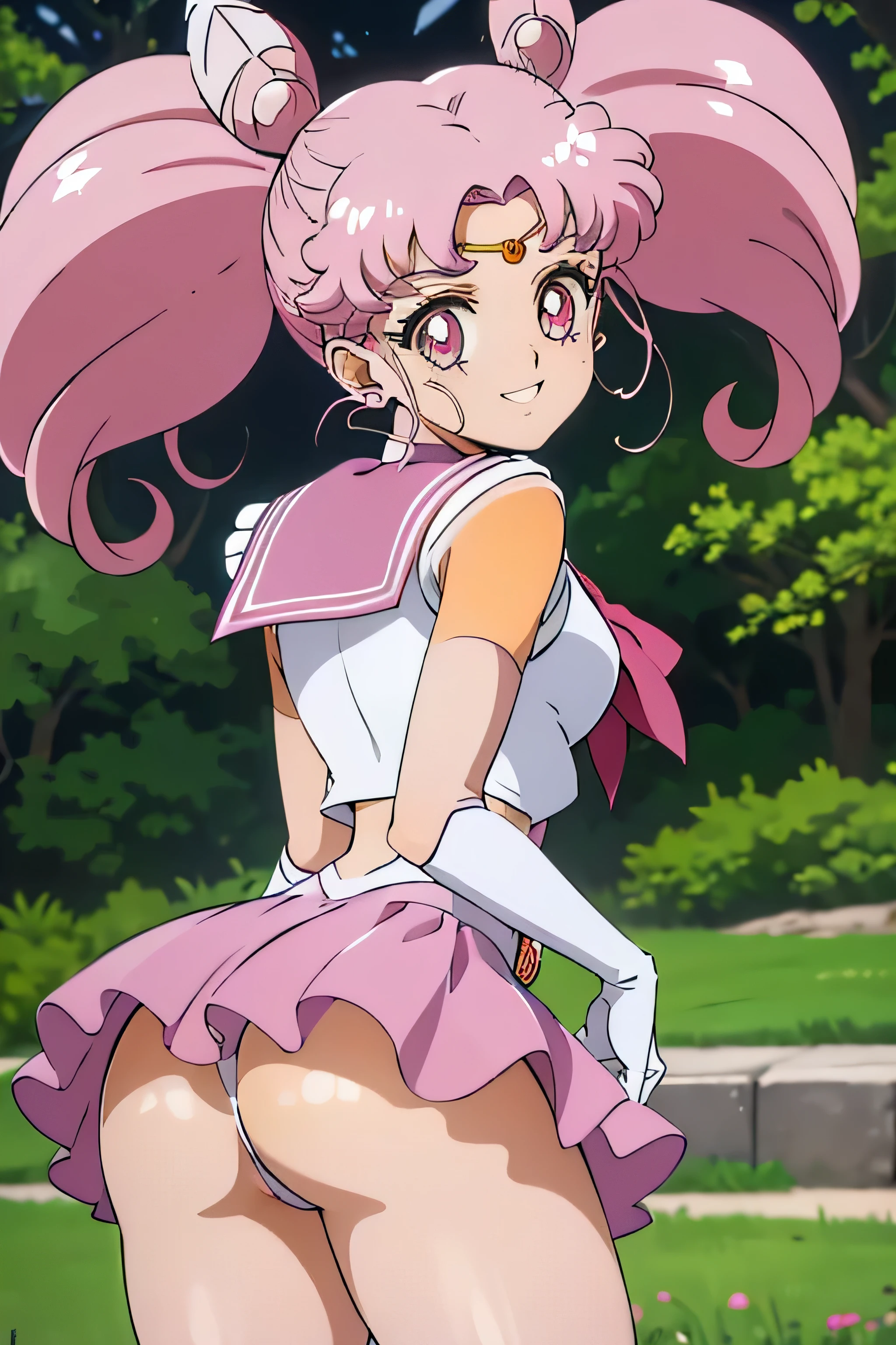 obra maestra, Mejor calidad, absurdos, perfect anatomy, 1 girl, Solo, SMMoon, adolescente, 1990s \(Estilo\), Sailor Chibi Luna Cabello Rosa, pupilas rosadas ojos, subir las escaleras, de cerca, Sonrisa, tiro de vaquero, Uniforme Sailor Senshi Rosa, Collar marinero rosa, falda plisada rosa, guantes de codo, en postura de espalda, Show off your loot, backward, No hay tanga en un gran trasero, cuerpo completo, aausagi, de cerca booty (falda levantada por el viento, Exponiendo su) (cara de alto detalle)