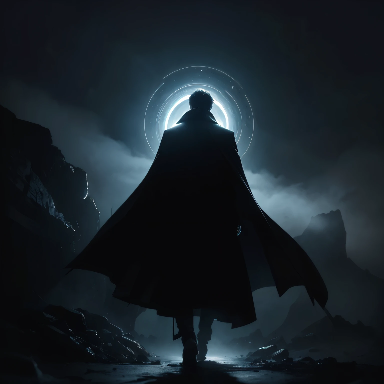 Man with his back to the image surrounded by a cosmic halo while wearing a futuristic overcoat, pose triunfante visto de baixo para cima, divine superior being with divine halo on smoky background, especially with mysterious symbols, estilo cyberpunk em uma floresta sombria medieval, Foto realista, 8k, 4k, extreme resolution, ultra high resolution, dynamic lighting, conquistador de mundos sobre uma pilha de morte