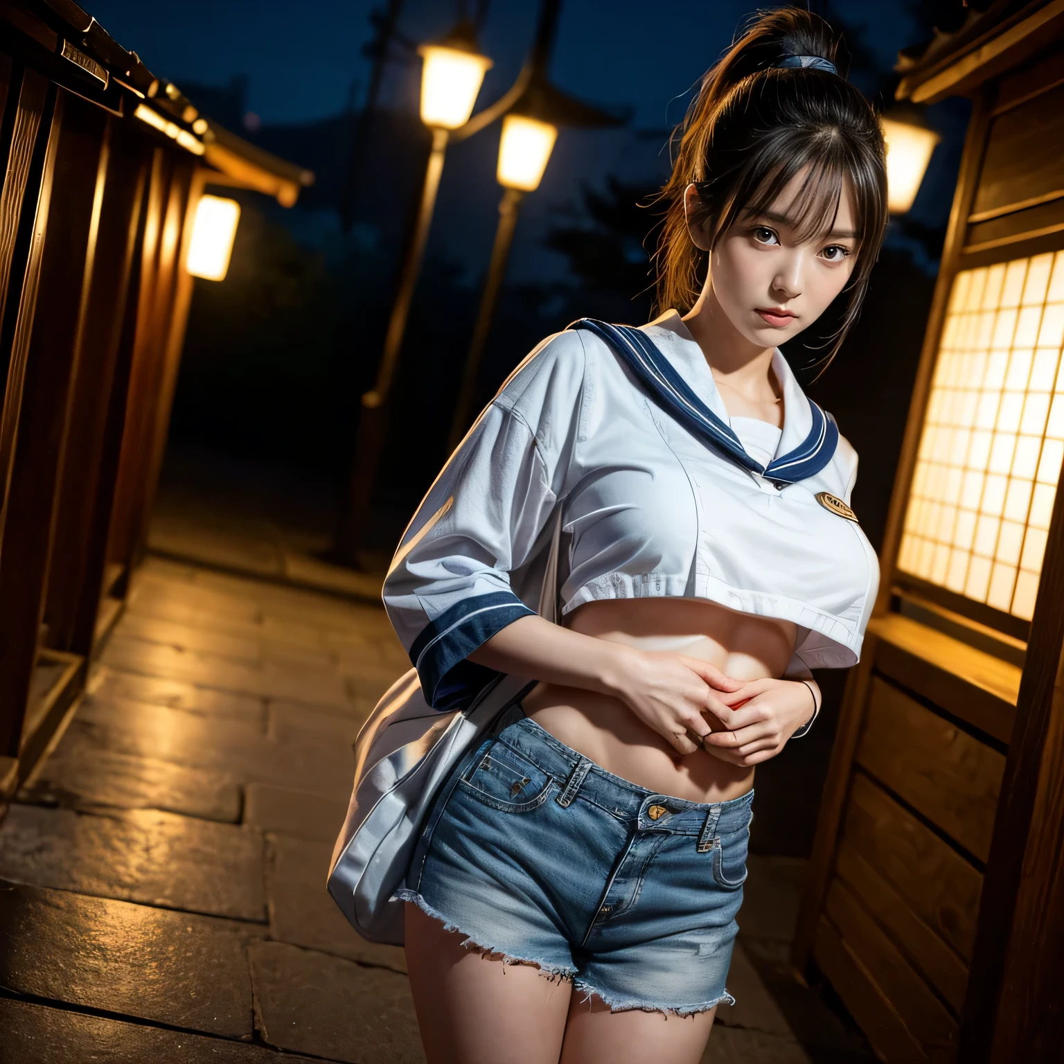 1 girl, full body portrait, 8K quality, masterpiece, live action, real human emotions, real skin texture, natural skin, big breasts, high resolution face, high resolution eyes, A Japanese woman stands alone in the precincts of a shrine at night with no one around., I hid my hands behind my body, Navel exposed short sailor suit, Jeans Shorts, high cut sneakers, Black hair in a ponytail, thighs, cinematic lighting, Backlight