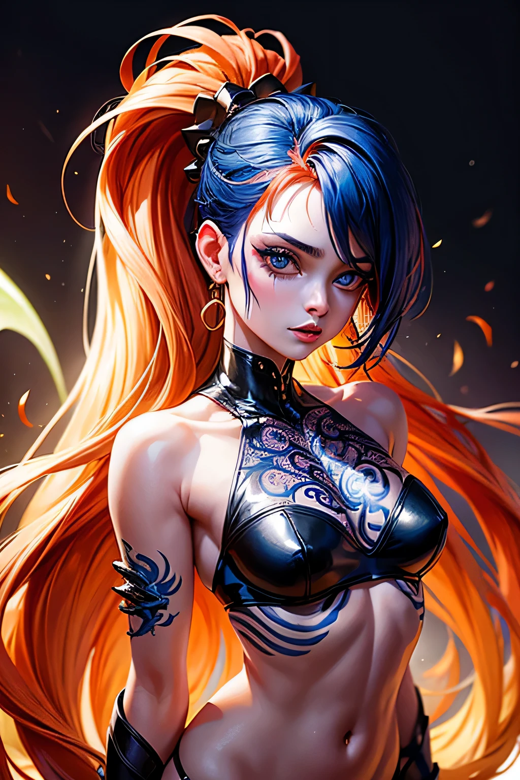 Crie uma imagem de corpo inteiro de uma mulher madura, semi-agora, with a dragon tattoo seductively forming his face. A teenage girl with blue and orange punk hair is in the background. Em primeiro plano, there is a canvas with paint splatters forming a backdrop. ((obra de arte)), ((melhor qualidade)), 8k, altamente detalhado, ultra-detalhado, Um retrato hipnotizante de uma mulher adulta, seu corpo meio exposto, shows a detailed dragon tattoo that transforms your face into a mesmerizing face. A teenager with seventies-style blue and orange punk hair stands nearby. No fundo, a screen is splashed with