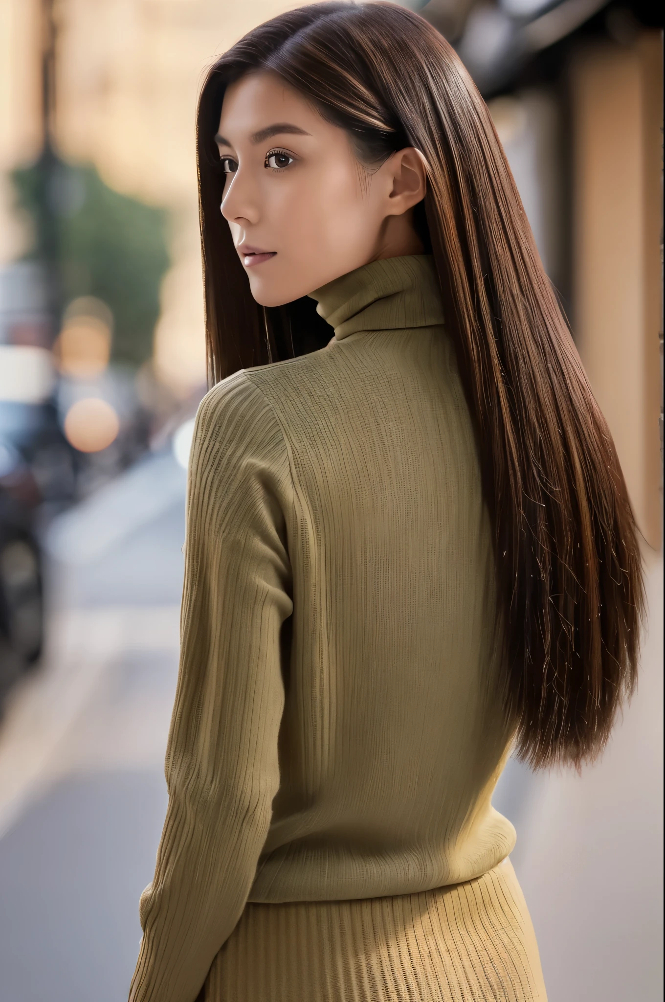 ((top-quality, in 8K, masterpiece:1.3)), Beautiful Japanese woman, perfect body:1.4, Slim abs:1.2, ((Straight hair:1.2)), (turtle neck:1.1), (a street:1.2), wetbody:1.5, Three-dimensional texture, A detailed eye, Brown hair, very thin waist, posterior view, looking back to the viewers