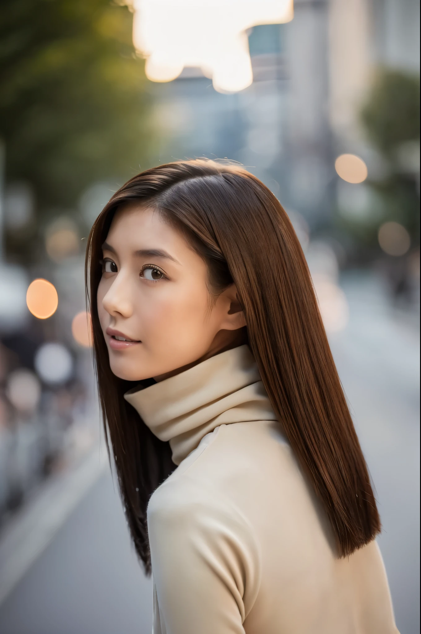 ((top-quality, in 8K, masterpiece:1.3)), Beautiful Japanese woman, perfect body:1.4, Slim abs:1.2, ((Straight hair:1.2)), (turtle neck:1.1), (a street:1.2), wetbody:1.5, Three-dimensional texture, A detailed eye, Brown hair, very thin waist, posterior view, looking back to the viewers