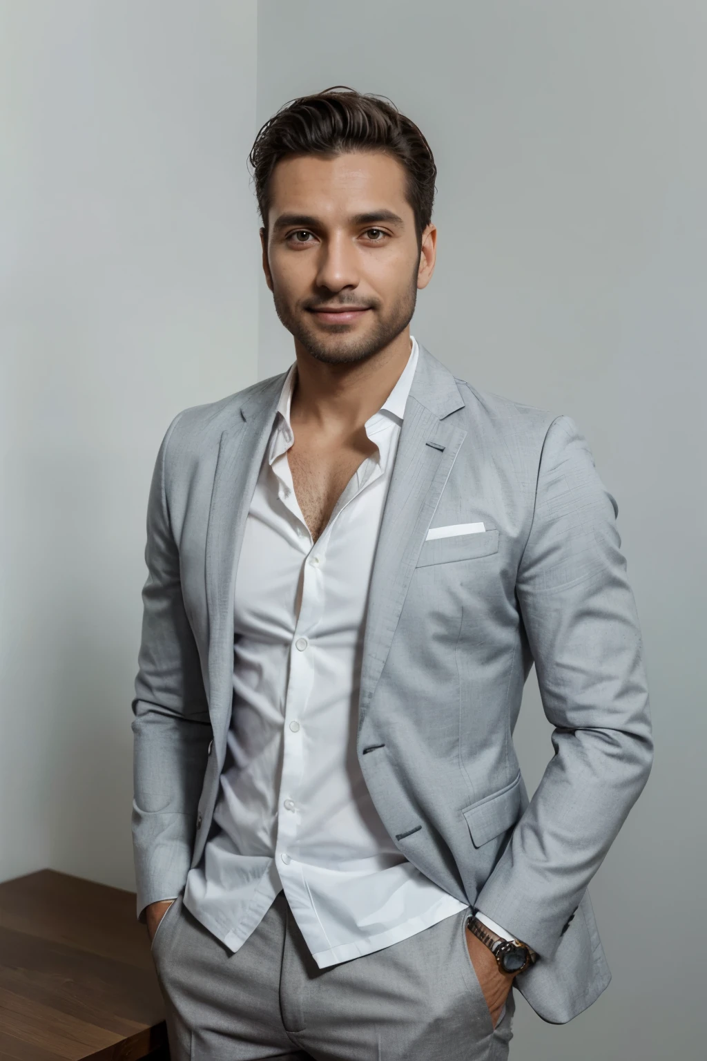 man of approximately 30 years old, smile, terno e gravata, rich, enterprising, easy-to-remove background, enterprising, white shirt under the blazer, well dressed, fully dressed, with blazer, shirt, pants, executive man , 4k, full hd, ultra realista, mature man, marcas de expressão facial, rugas, gravata dourada, rosto bonito, calça social, terno branco, blazer branco