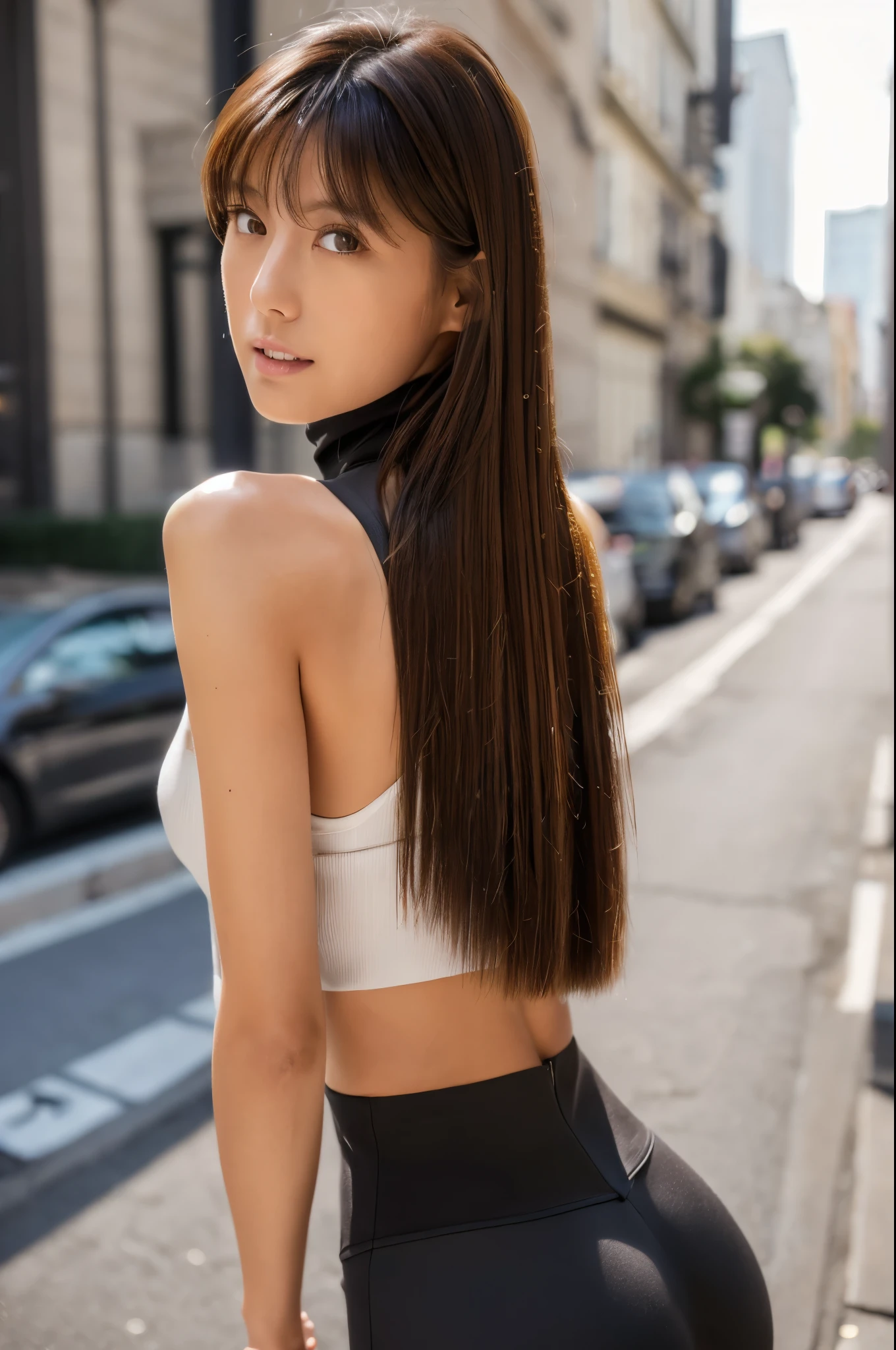 ((top-quality, in 8K, masterpiece:1.3)), Beautiful Japanese woman, perfect body:1.4, Slim abs:1.2, ((Straight hair:1.2)), (turtle neck:1.1), (a street:1.2), wetbody:1.5, Three-dimensional texture, A detailed eye, Brown hair, very thin waist, posterior view, looking back to the viewers
