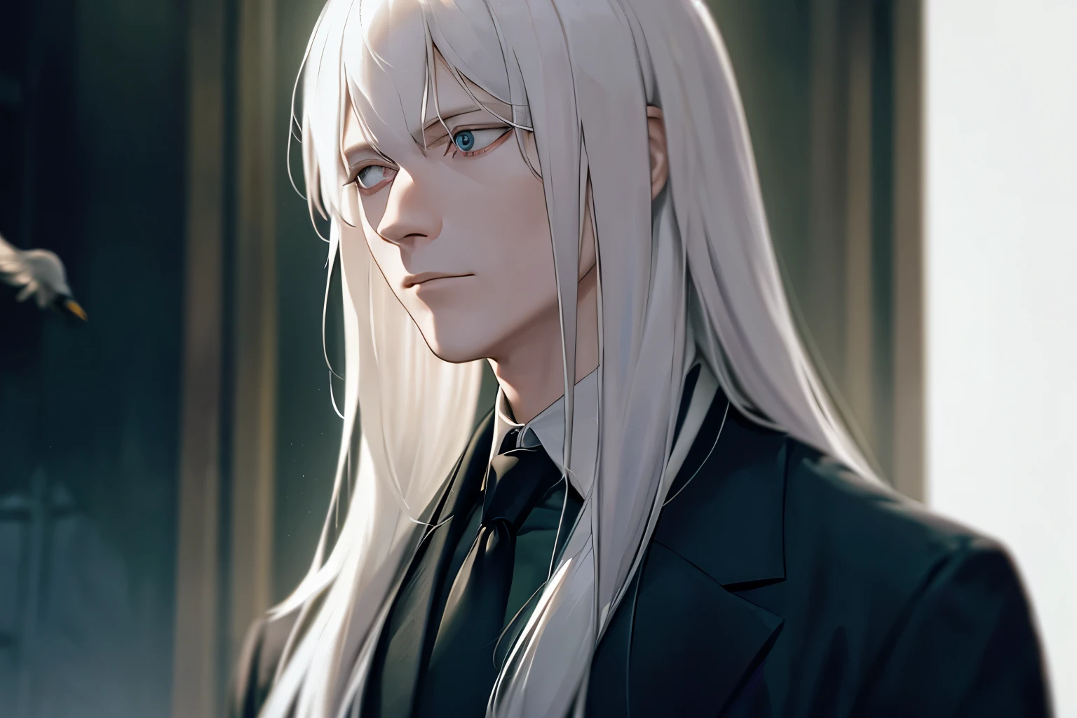 young albino man with long, platinum hair, wearing black clothes and a raven on his shoulders, cinematic photo {prompt} . 35mm photograph, film, bokeh, professional, 4k, highly detailed