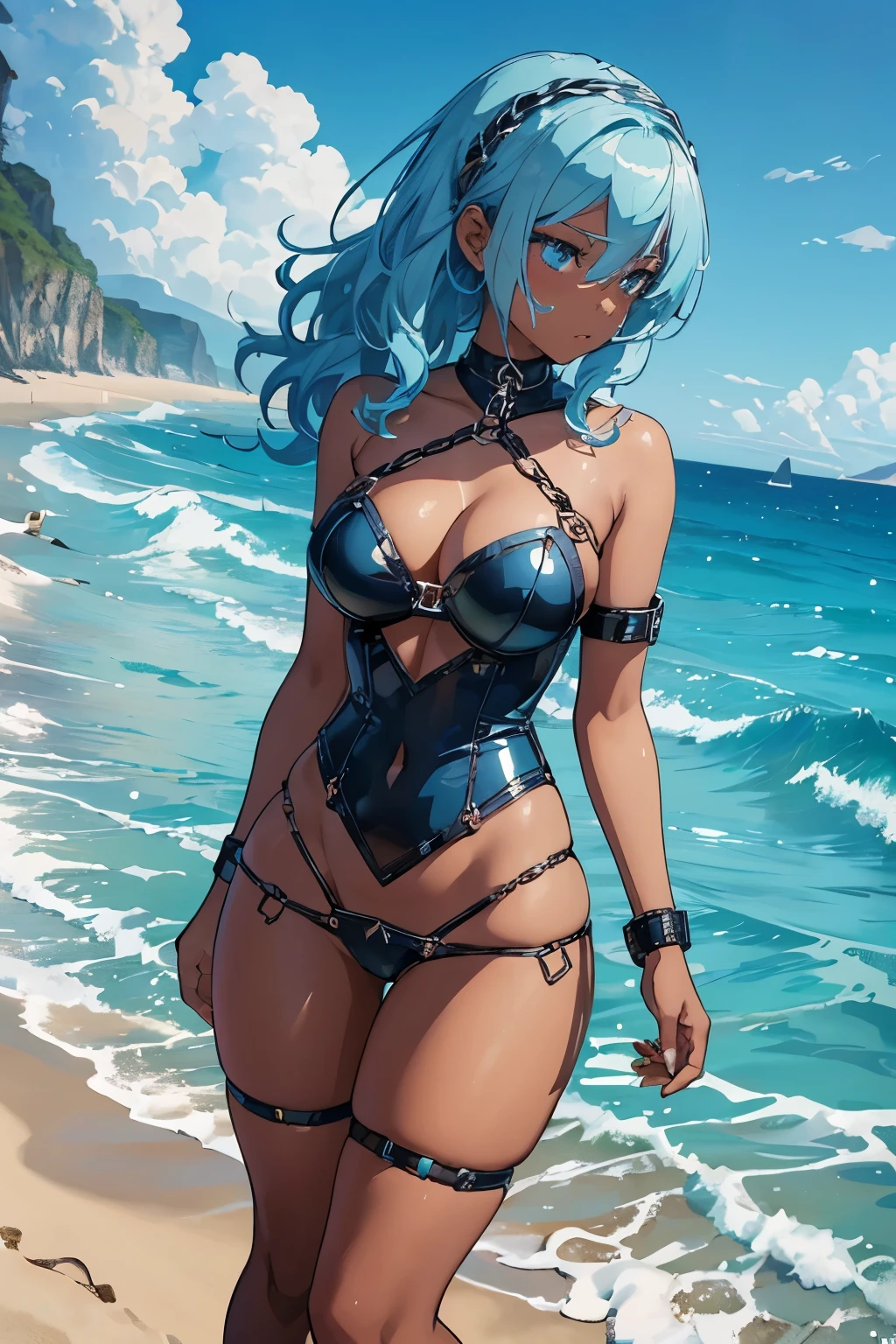 (masterpiece), maximum quality, (lightblue hair:1.1), (darkskin:1.1), (BDSM outfit:1.5), (chained to a pillar:1.2), beach scene (sandy shore and waves:1.3), anyme style (animated and detailed:1.4)
A lightblue-haired, darkskin woman was chained to a pillar on the beach in an intricately designed BDSM outfit. The waves crashed against the shore, and the sand sparkled in the sunlight as she looked up at the clear blue sky. The details of her chainlink bondage were vividly animated, capturing the essence of the any