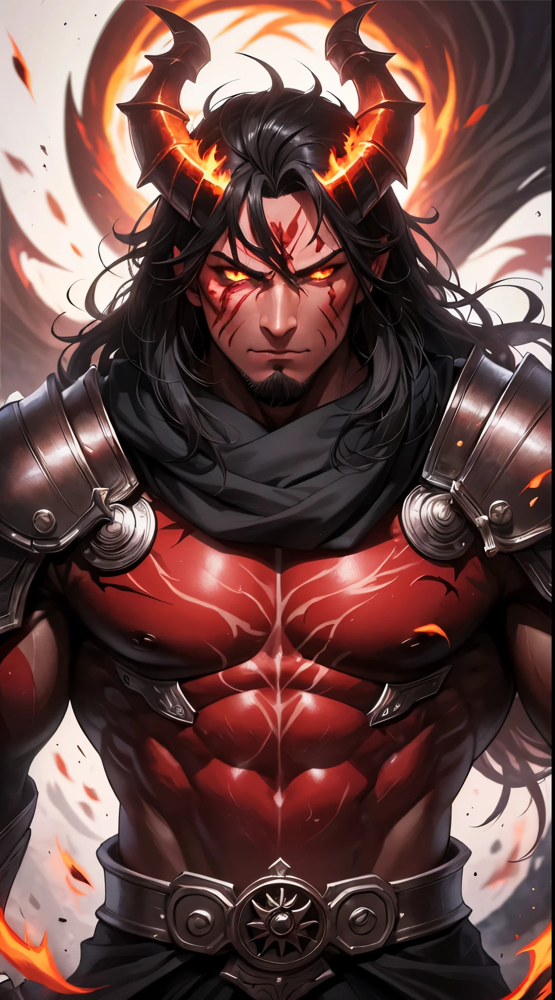 man, short black hair with topknot and locks of arms, red eyes, hades style Greek mythology, wearing armor