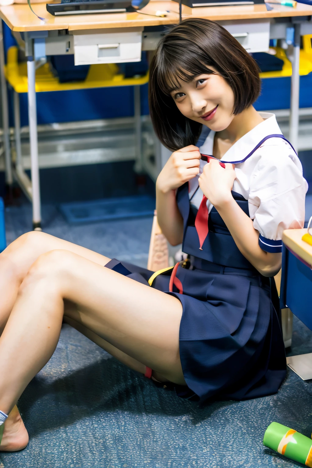 NSFW,Two girls sitting in front of each other in the night school class room、18-year-old、spreading legs、flat chest,leg、both knees、nude、between legs、short hair,between legsを開いてcrotchを見せてくれる、white panties,full body shot、((a little smiles))、tits,gyaru make,school uniform
