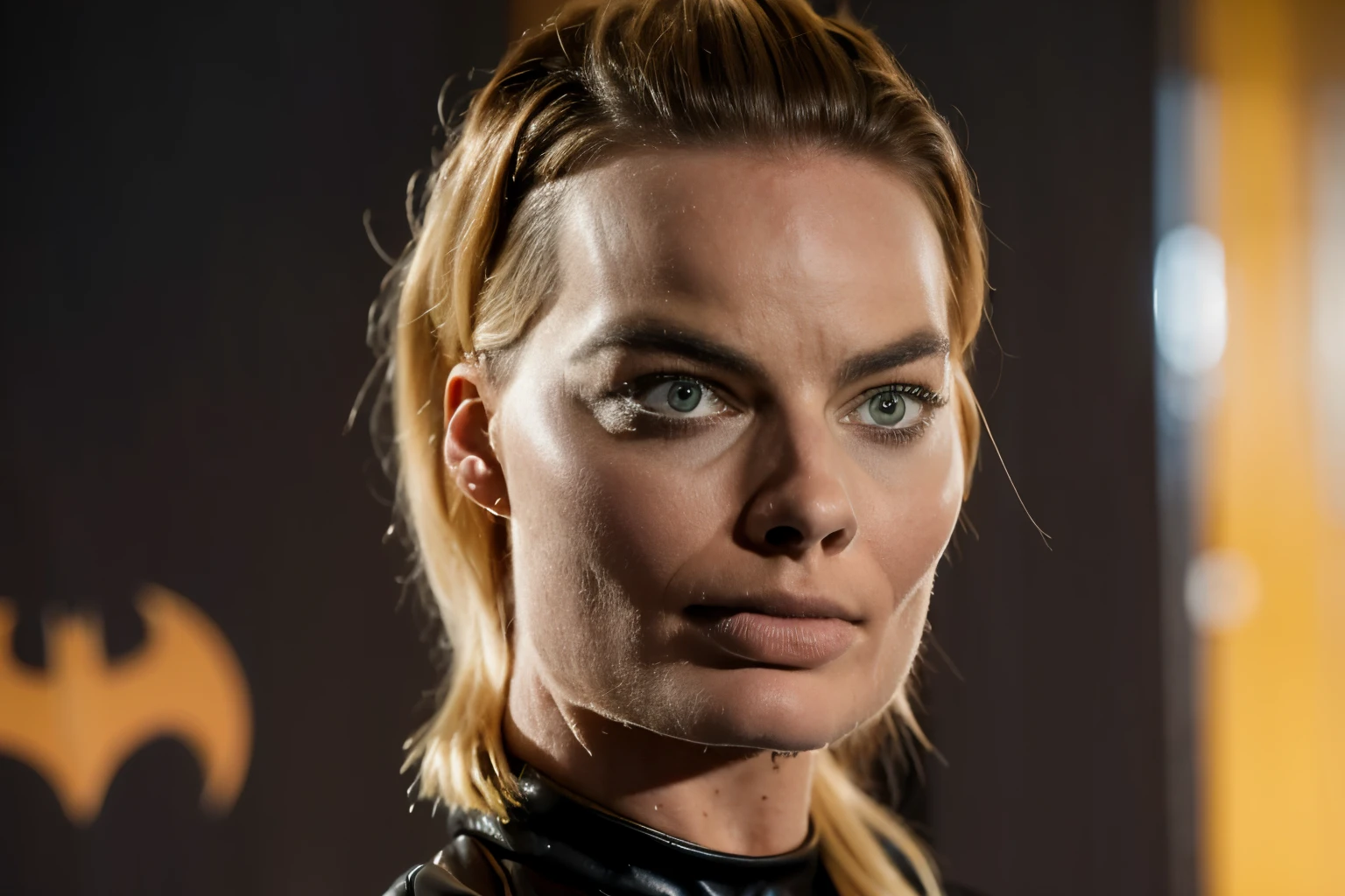 margot robbie, short blonde hair, batgirl suit, preparing to a fight, serious look, photorealistic portrait, dramatic, cinematic, extreme close up angle, 4k resolution, hyperdetailed, dramatic scene