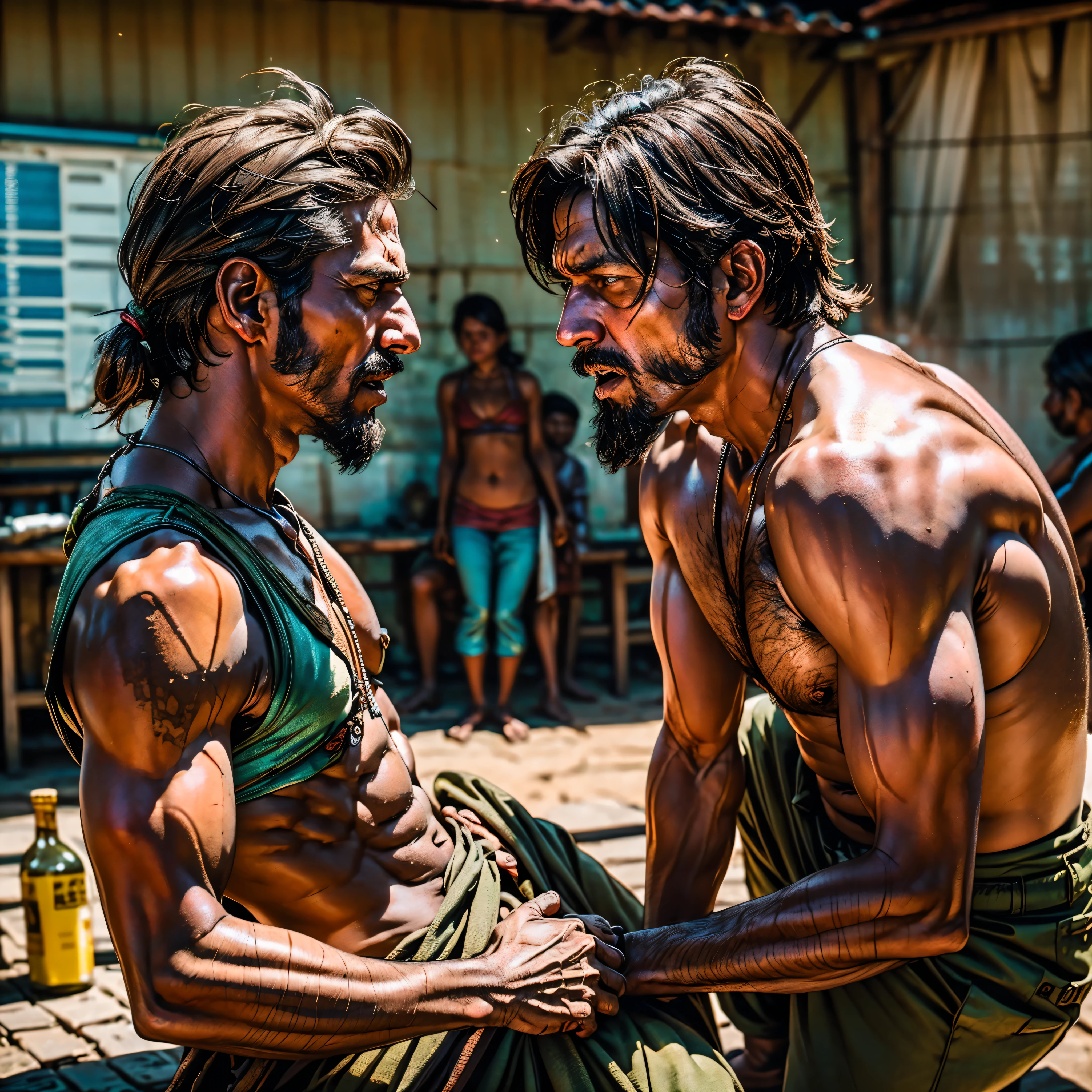 A man guards his family from the cannibals during the Madras famine of 1877 at the time of British Raj, India, UHD HDR vivid DSLR radiant colorful --v 6 --s 1000 --c 20 --q 20 --chaos 100