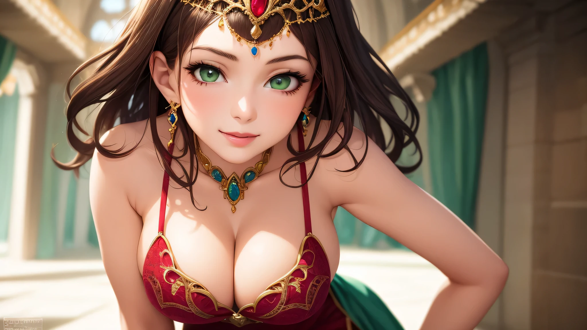 (masterpiece, best quality), intricate details, thin, beautiful girl, brown hair, bright green eyes, y red dress, cleig breastsr, pretty lips, close up, smirk, colourful fantasy castle setting, sexy, jewelry, tiara,
