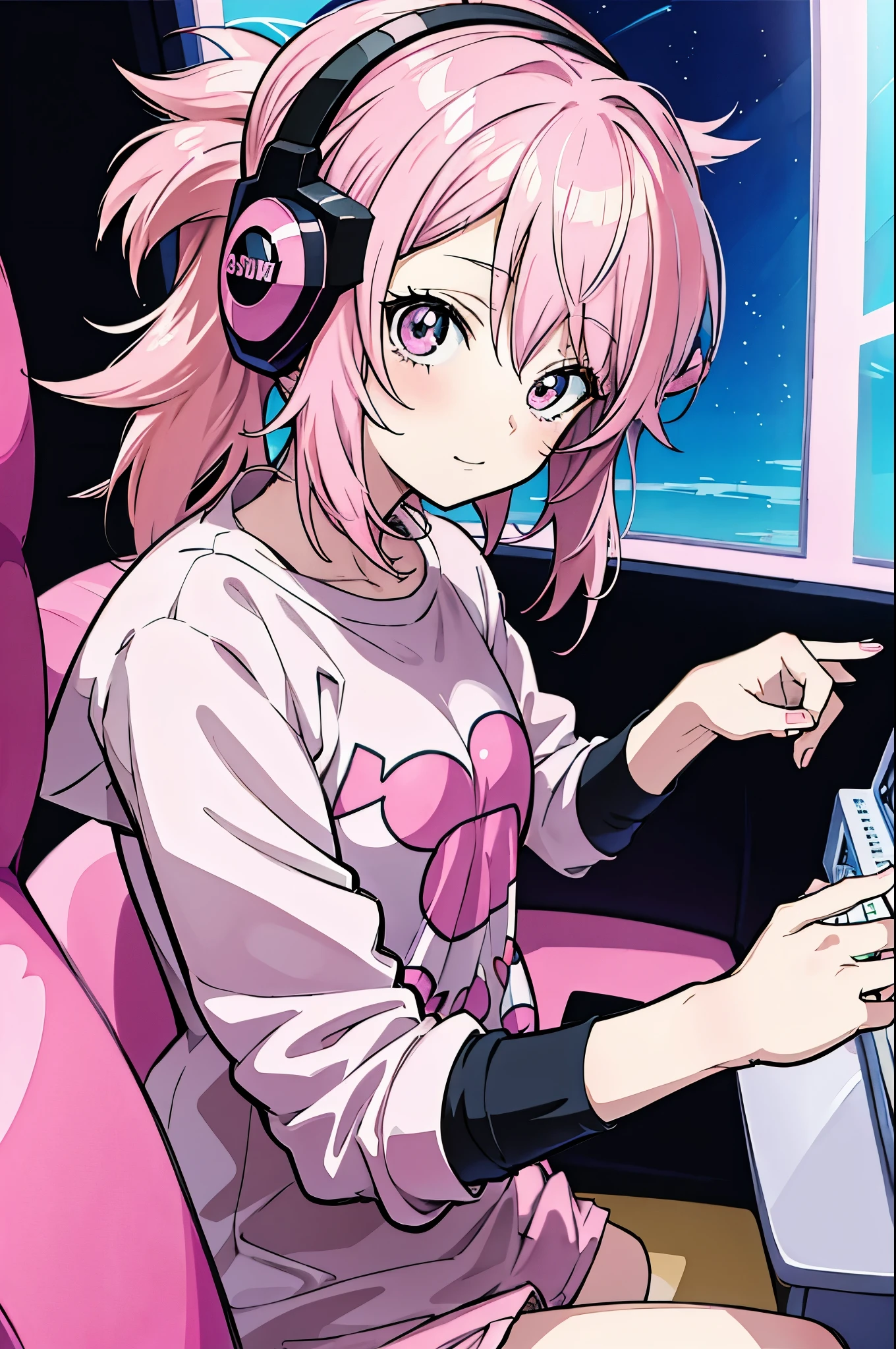 anime girl with pink hair, in an anime style, with pink hair, cute girl with messy pink hair, in anime style, anime style character, anime style portrait, yayoi kasuma, [[[[grinning evily]]]], kawaii realistic portrait, anime styled, portrait of cute anime girl, gamer girl