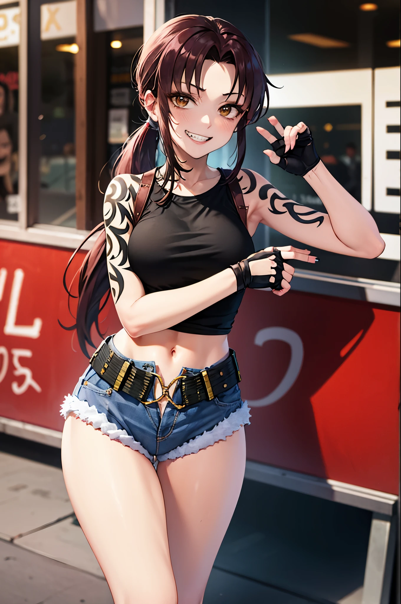 review, arm tattoo, masterpiece, highest quality, disorganized, 1 girl, Low ponytail, looking at the viewer, Are standing, outdoor, street, put your hand on your waist, teeth, grin and laugh, tooth, Navel exposed, cowboy shot, fingerless gloves, belt, denim shorts