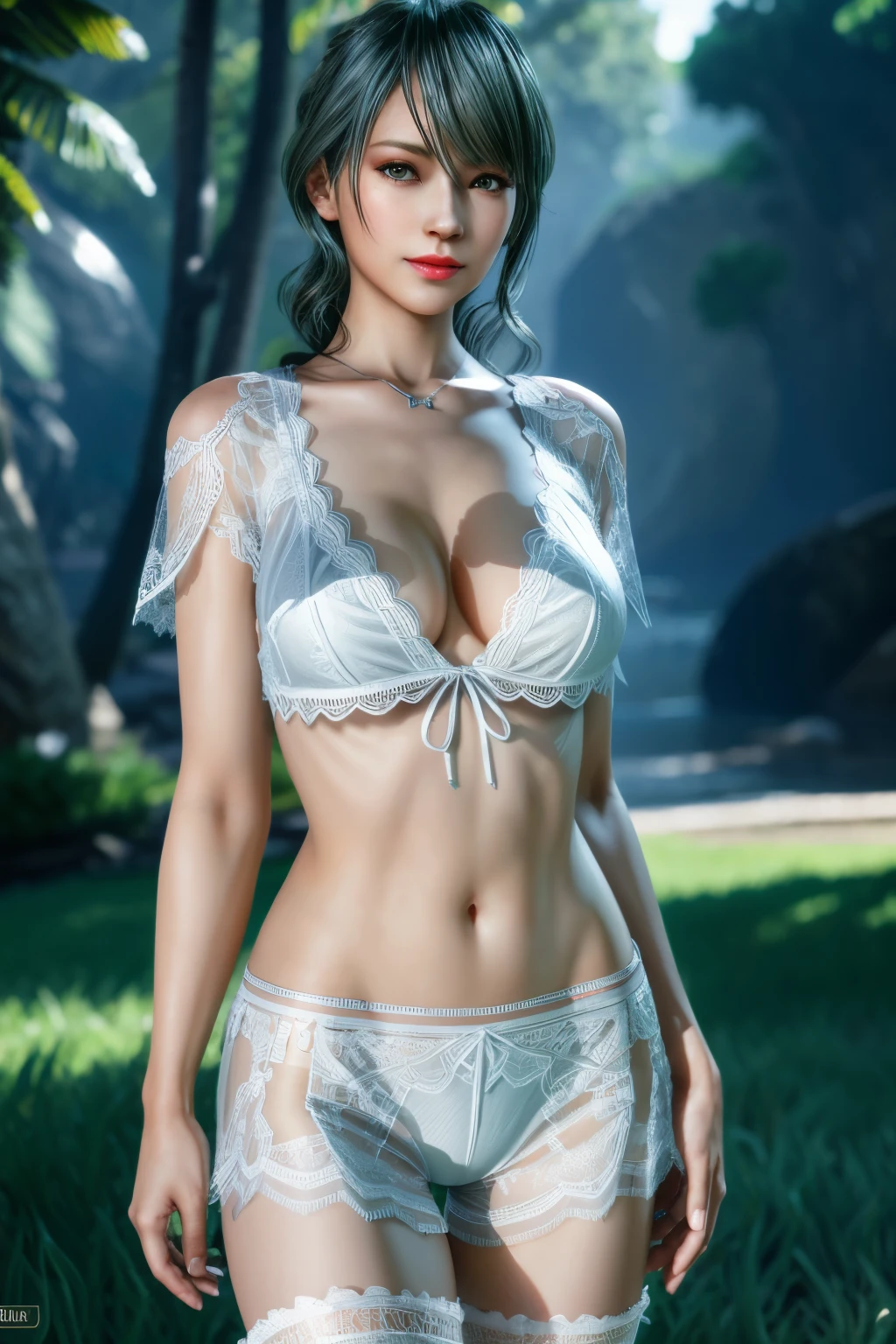 1girl,vampire princess,silver lingerie, (lace:1.3),stockings,outdoors, (Standing posture),Jewelry,slightly parted lips, lewd smile, red lips,(Lactation:1.2),(huge breasts),shiny skin,((8k, RAW photos, top quality, masterpieces), high-definition RAW color photos professional close-up photos), (realistic, photorealism: 1.37), (highest quality), (best shadows),ultra high resolution, high-definition CG unified 8K wallpapers,soft sunlight,clothing details, solo,Tamaki