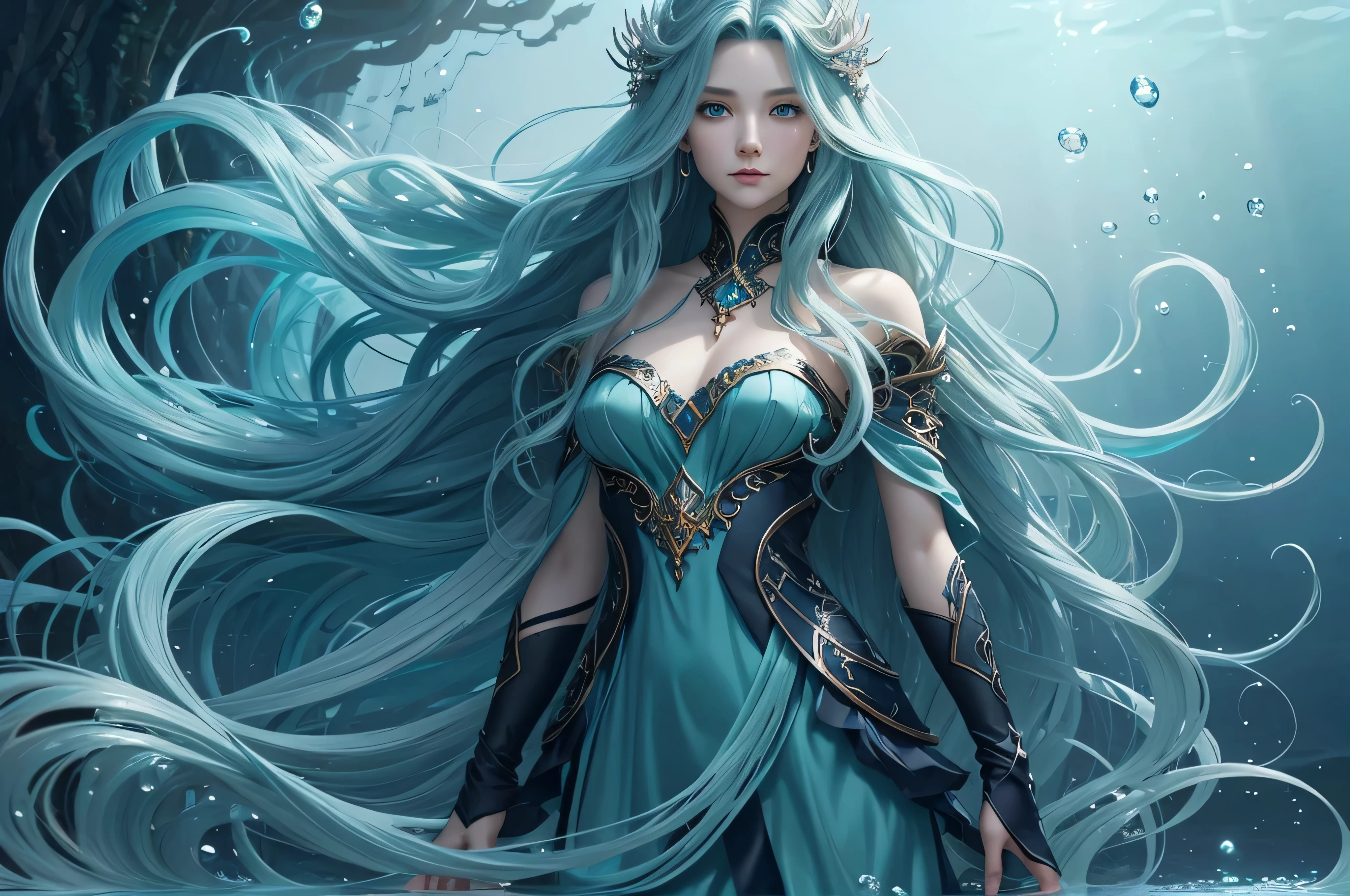 cabelos longos e ondulados da cor de algas marinhas, que cai graciosamente sobre seus ombros. His eyes are the color of the deep ocean, reflecting determination and cunning. Your skin is pale and shiny like pearls at the bottom of the sea (arte digital, arte de fantasia, Arte RPG)