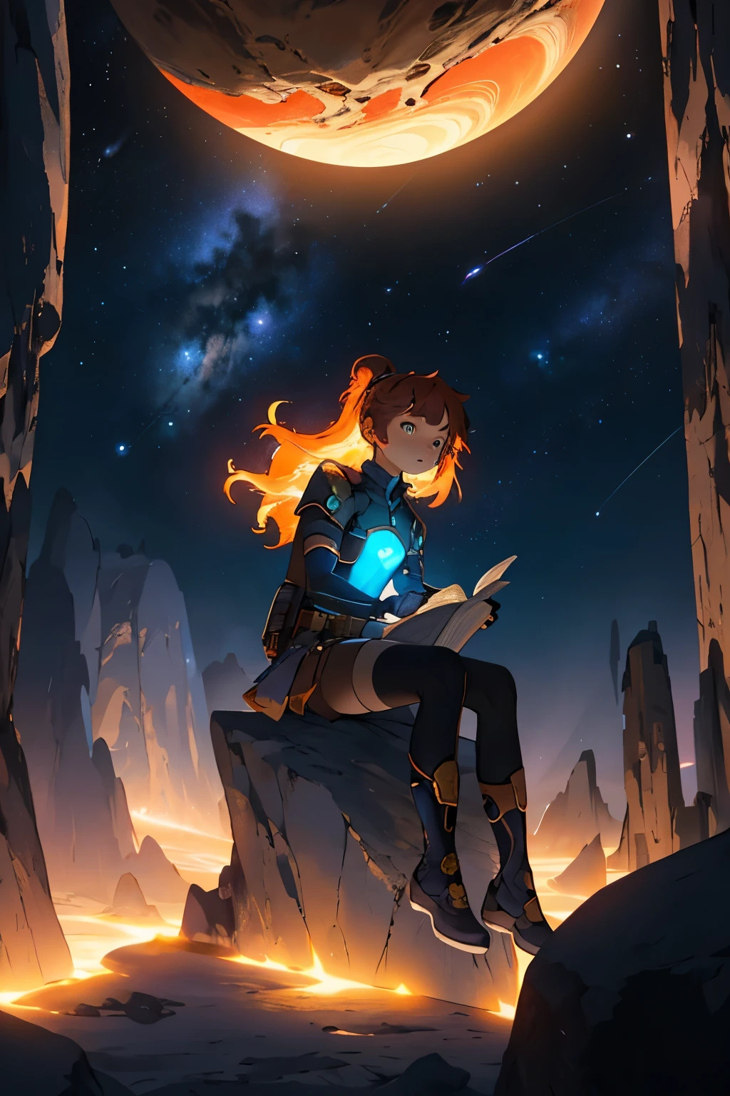 Draw a young girl, sitting on a ledge floating in the middle of an asteroid belt. She is journaling with a notebook, surrounded by several asteroids glowing with fiery auras. Dramatic lighting from distant stars and planets illuminates the scene, casting deep shadows on the suit. The young girl looks confident and determined to find love, looking at the vast and mysterious universe with wonder and awe, beautiful yet rugged, cowgirl shot,