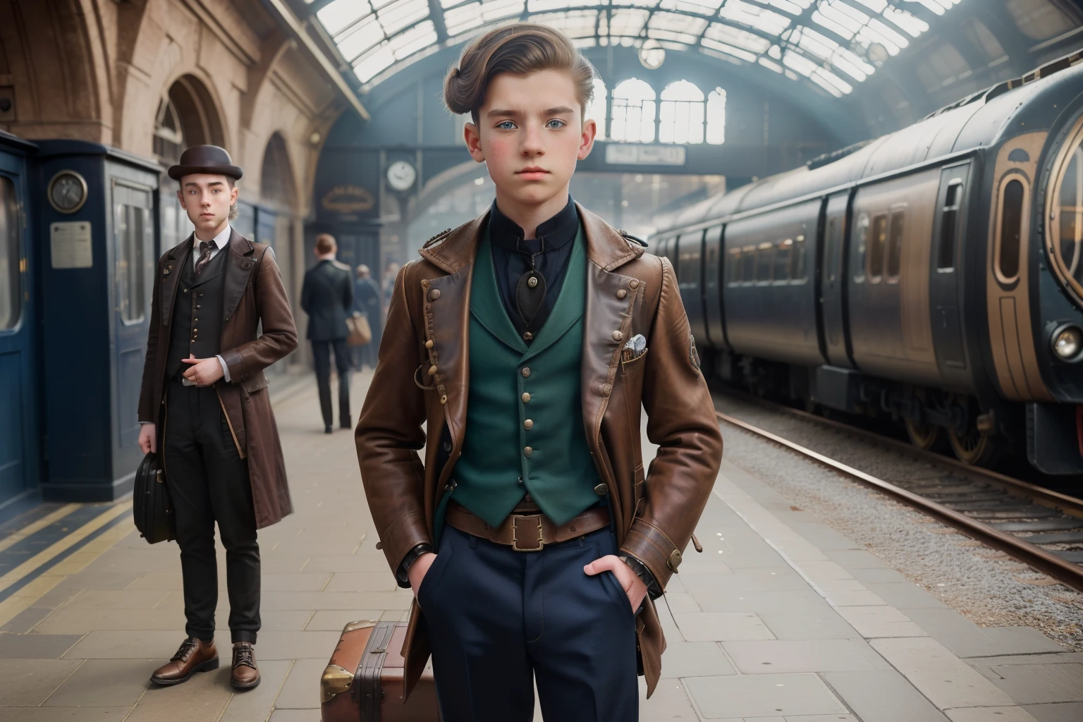 Steampunk London, 2031. ((((-yeld)) s Brightwell)), english boy, at the train station, suitcase, ((intimidated and nervous expression)). ((((casual clothings from the 2030s)))) ((hairstyle of the 2030s))