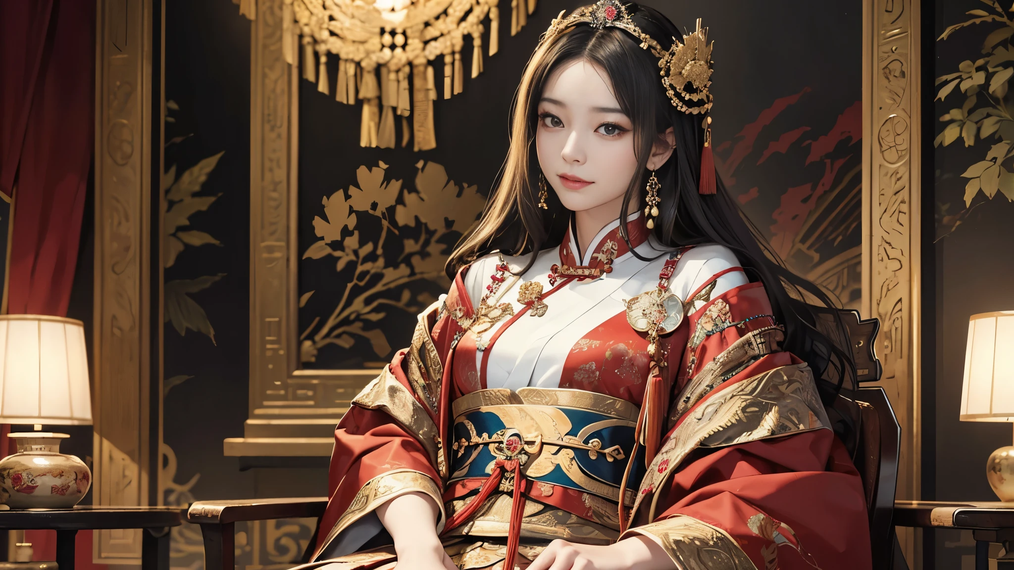 (8K, RAW photo, highest quality, masterpiece: 1.2), (realistic, realistic: 1.37), 1 girl, ancient China、In a room in the imperial court at the end of the Later Han Dynasty、The empress is sitting in a luxurious chair。The empress is華やかな服装で神々It has a nice aura of atmosphere.。The empress is綺麗な顔立ちで、She is wearing the fashionable hair ornaments of the time.。The empress is、He is smiling and facing forward.。