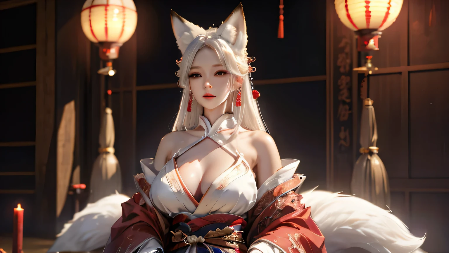 A gray-haired kitsune with fox ears in royal clothes in a large hall against the backdrop of a banquet hall without earrings with her hair flowing, Her hair, закрывающие ears, Very beautiful, Detailed face, breast, ears, Realistic, High quality, Professional lighting, looks at the viewer, art 3D