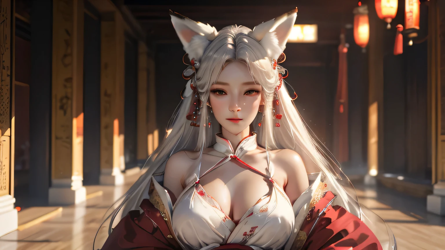 A gray-haired kitsune with fox ears in royal clothes in a large hall against the backdrop of a banquet hall without earrings with her hair flowing, Her hair, закрывающие ears, Very beautiful, Detailed face, breast, ears, Realistic, High quality, Professional lighting, looks at the viewer, art 3D