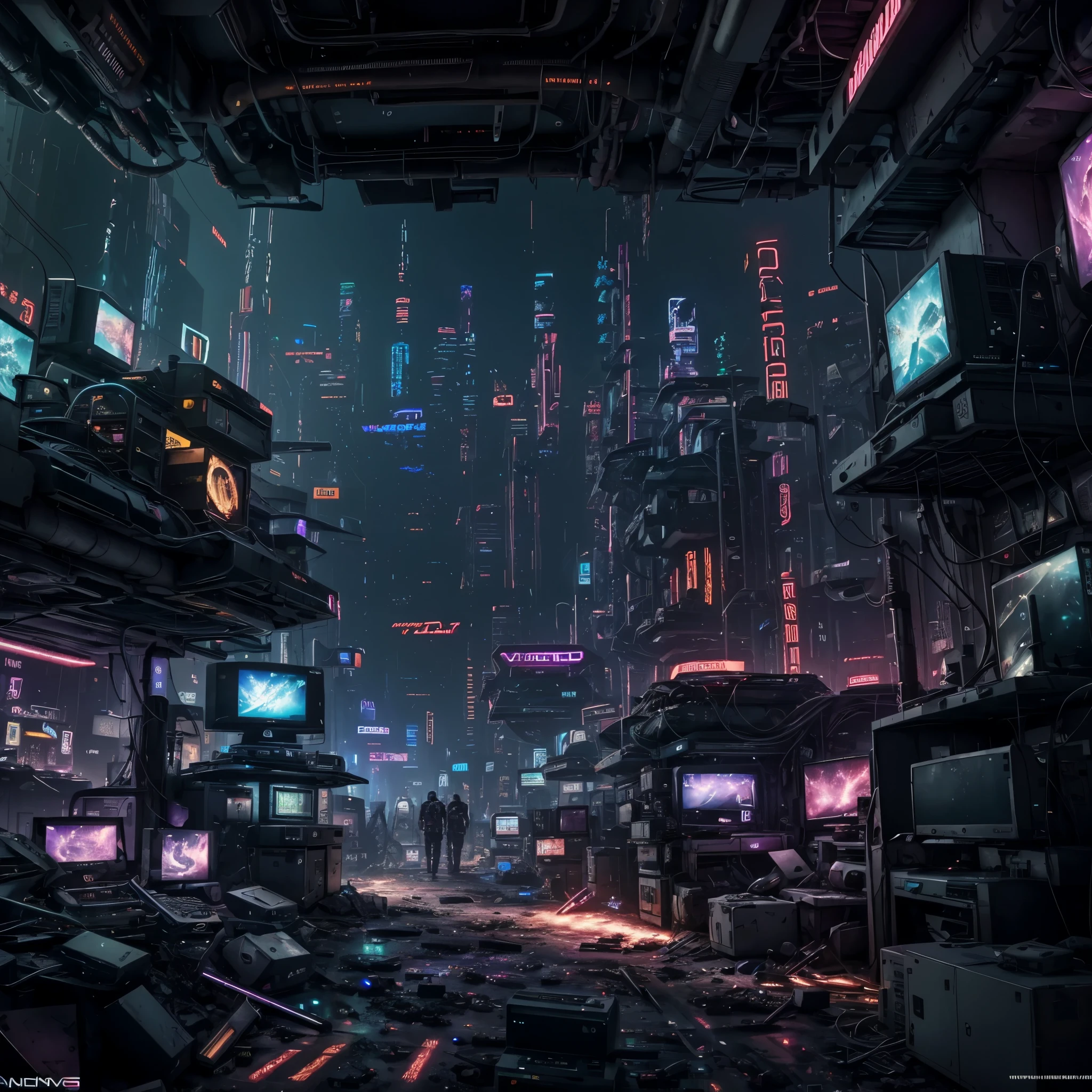 Cyber World, location, world made of computer hardware, there are video cards everywhere, computer parts everywhere, everything is cluttered, wasteland, bottomless computer dump, computers everywhere, Neons, processors, motherboards, Best quality, Very detailed, Super Clarity, super 8k resolution