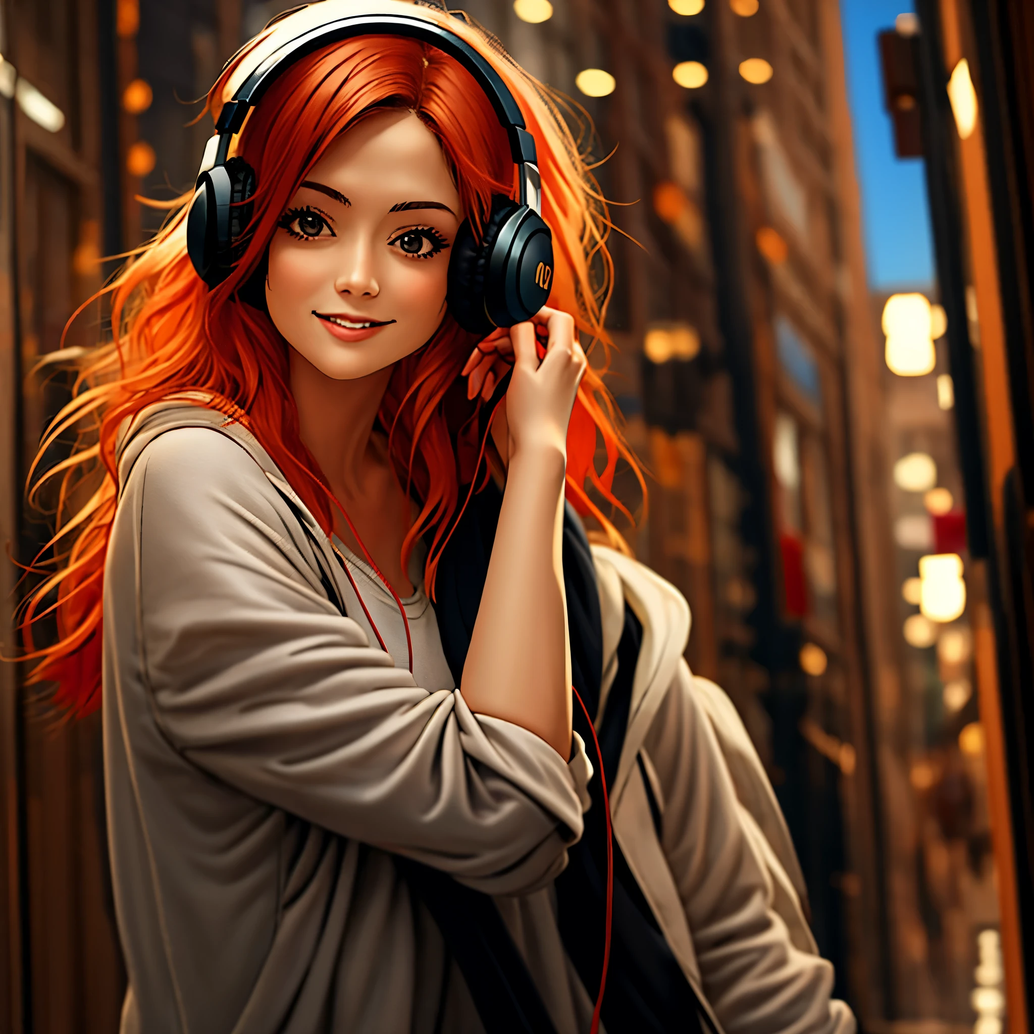 (masterpiece, best quality:1.4), 1girl, solo, pretty redhead listening to headphones, 