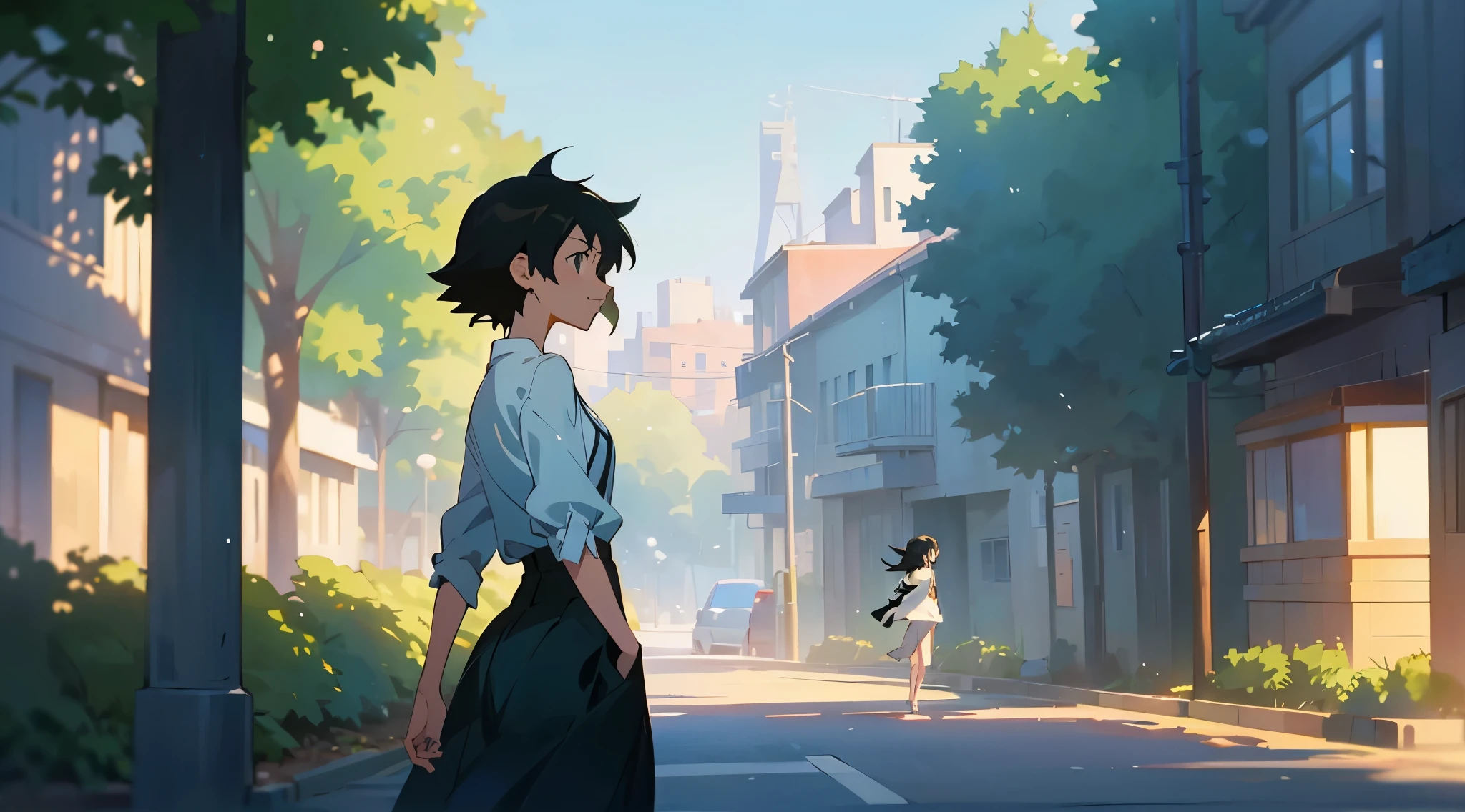 beautiful,Anime scene of a cute woman walking on a narrow road with buildings in the background,smile,makoto shinkai'style, studio glibly makoto shinkai, makoto shinkai style, ( ( makoto shinkai ) ), mokoto shinkai, in Makoto Shinkai'style, makoto shinkai. — ,anime movie,emotional,