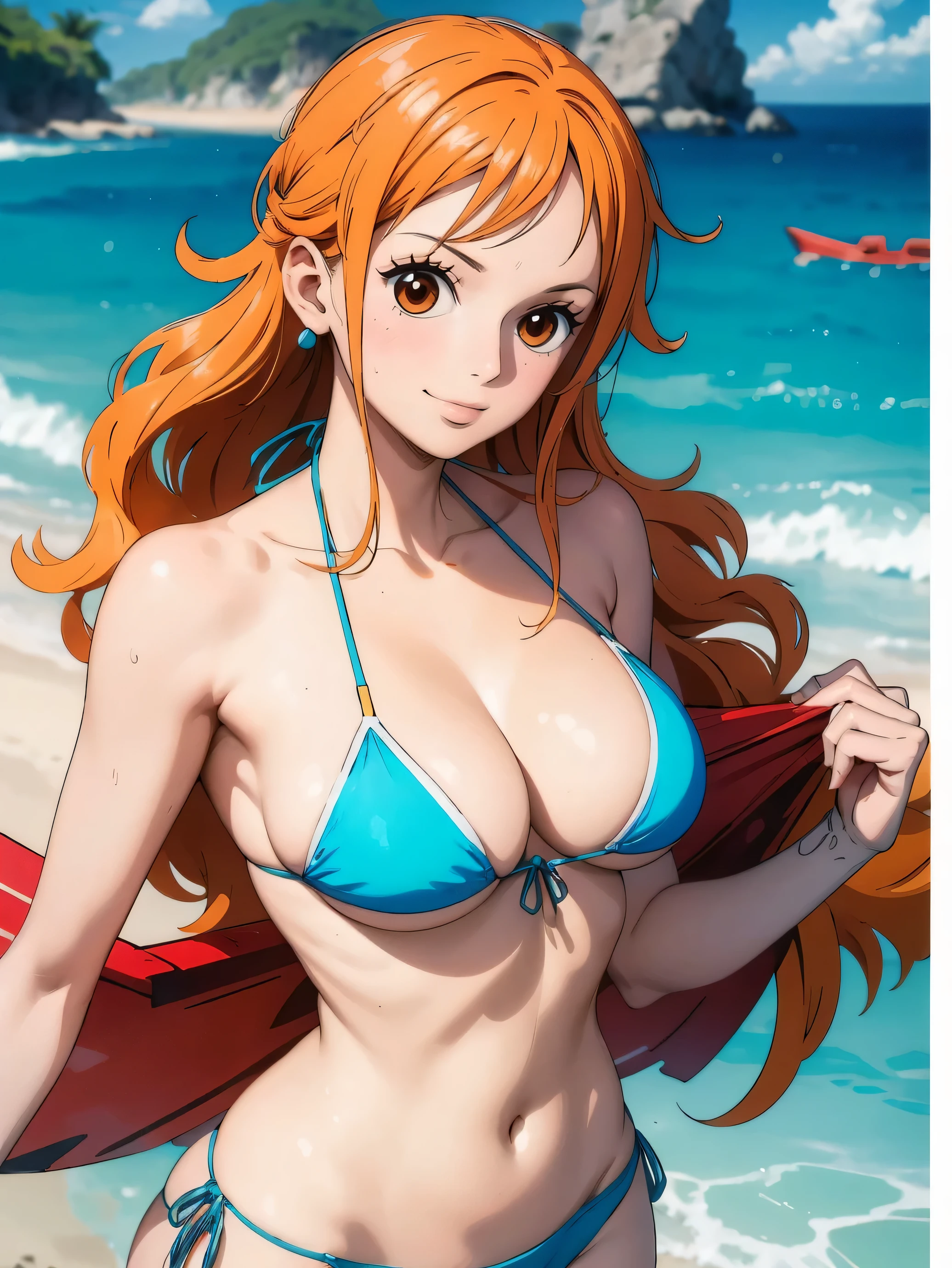 Nami wears a bikini top and super red miniskirt, uma obra-prima , Retrato bonito , arte de anime digital detalhada , Muito detalhes Artgerm haha, deviantart artstation cgsscosiety , fanart melhor artstation, Artgerm. alto detalhamento, seios grandes, deitada na areia.