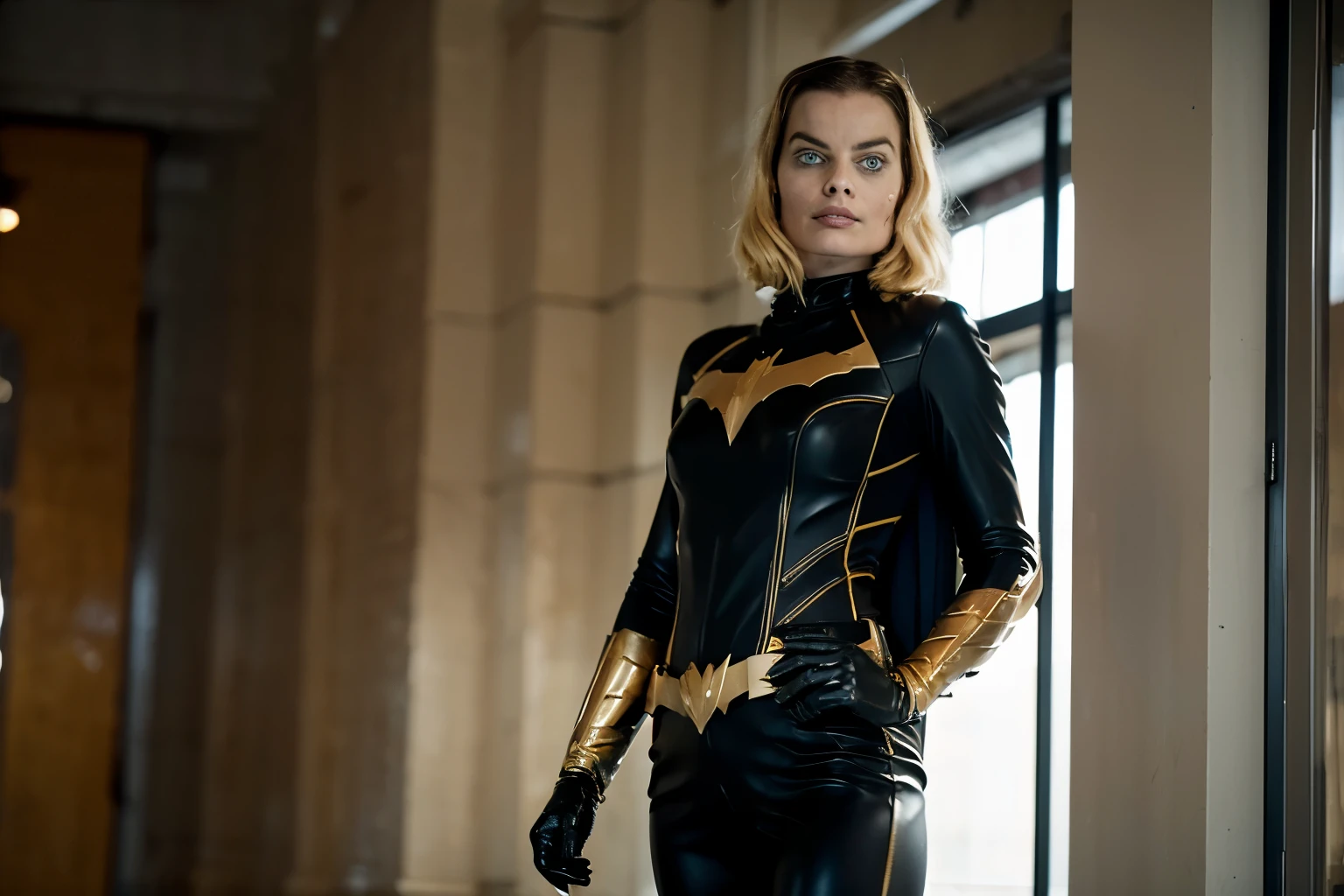 margot robbie, short blonde hair, batgirl suit, farm backgroud, photorealistic portrait, dramatic, cinematic, overcast, full body, angle, 4k resoltion, hyperdetailed, dramatic scene