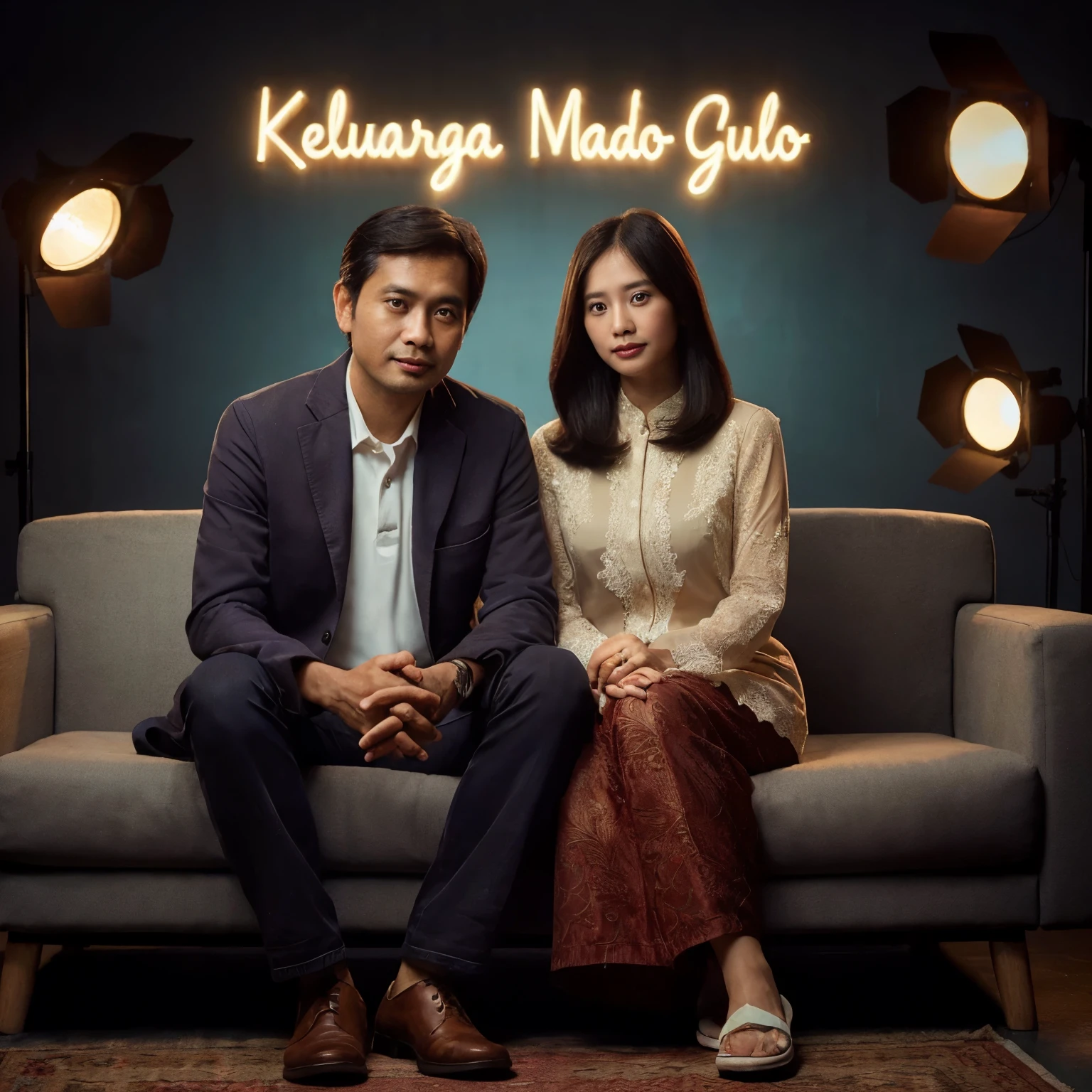 two Indonesians, a 42 year old man wearing a blazer, a 37 year old woman wearing a kebaya with straight hair sitting together on the sofa. They look like a family because they are wearing uniform casual clothes and posing intimately, the dark photo studio background is decorated with LED lights that say "keluarga mado gulo", photography, seamless, HDR