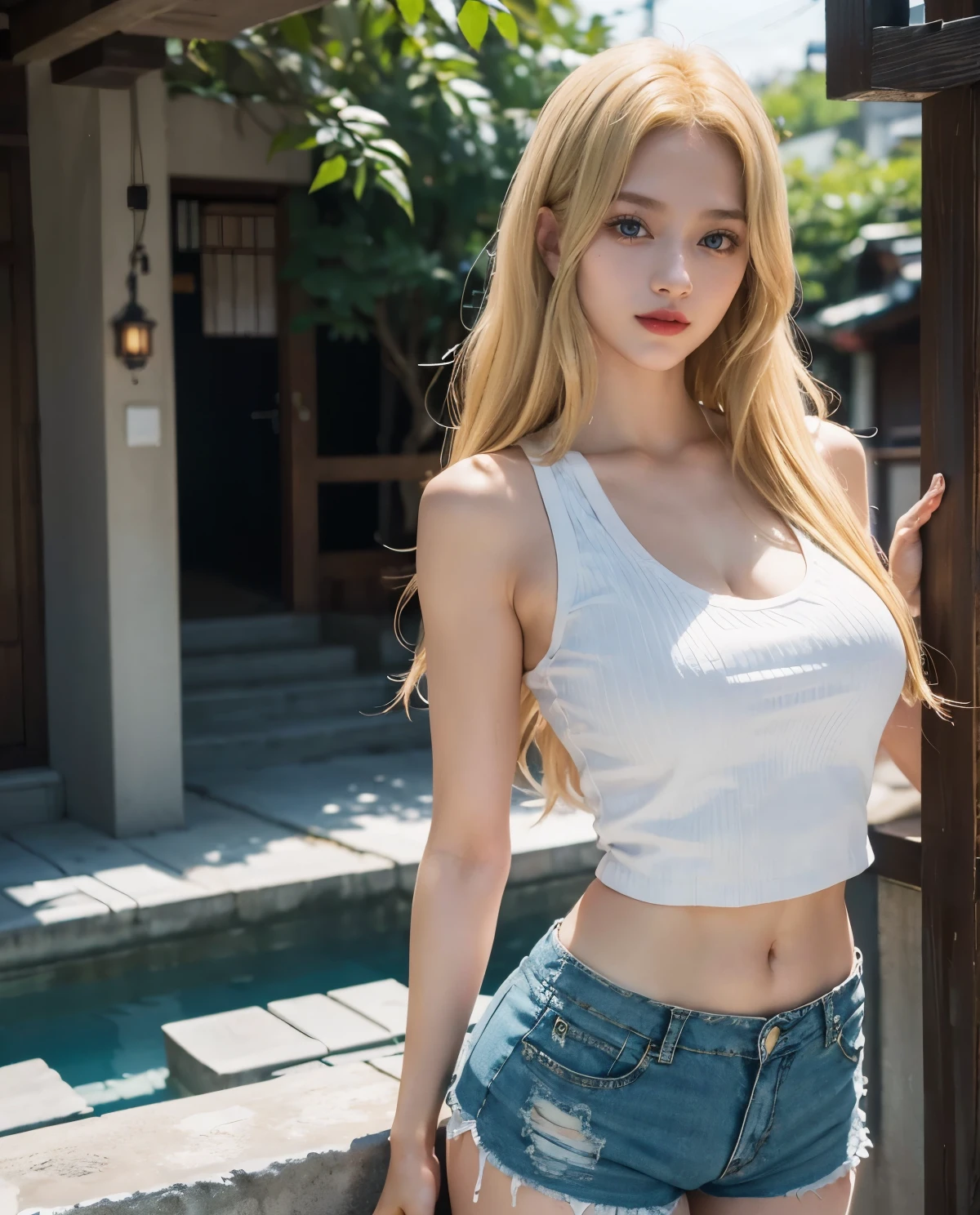 1girl, Blue eyes, (smile), (demin shorts whit thong strips :1.3), (Sana Minatozaki), (wide hips), Big , (big ass), (Best Quality, 8k, Masterpiece: 1.3), perfect hands, Clear Focus: 1.2, Perfect Body Beauty: 1.4, strong abs :1.2, Highly detailed face and skin texture, detailed eyes, double eyelids, red lips, (blonde long hair :1.2), (white tank top), standing, dynamic pose, in a traditional Japanese neighborhood