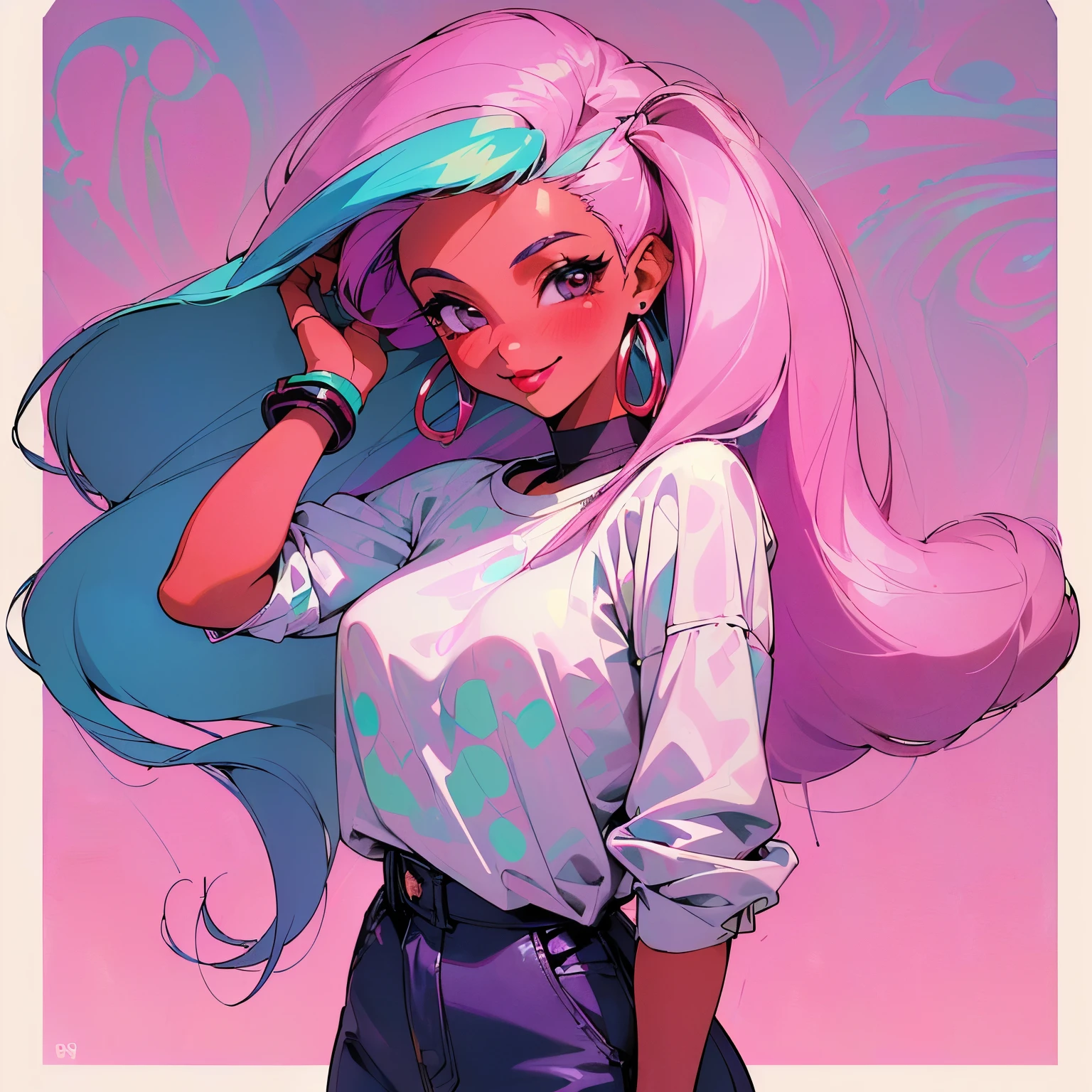 1girl, (((solo))), (((beautiful))), (((long loose silky hair, any colour hair))), (((any skin colour))), (((lipstick, any colour lipstick))), (((blush))), (((smile))), ((((casual 90's clothes, fashionable 90's attire, trendy style)))), (((stylish accessories))), (((colourful 90's background, any pattern)))