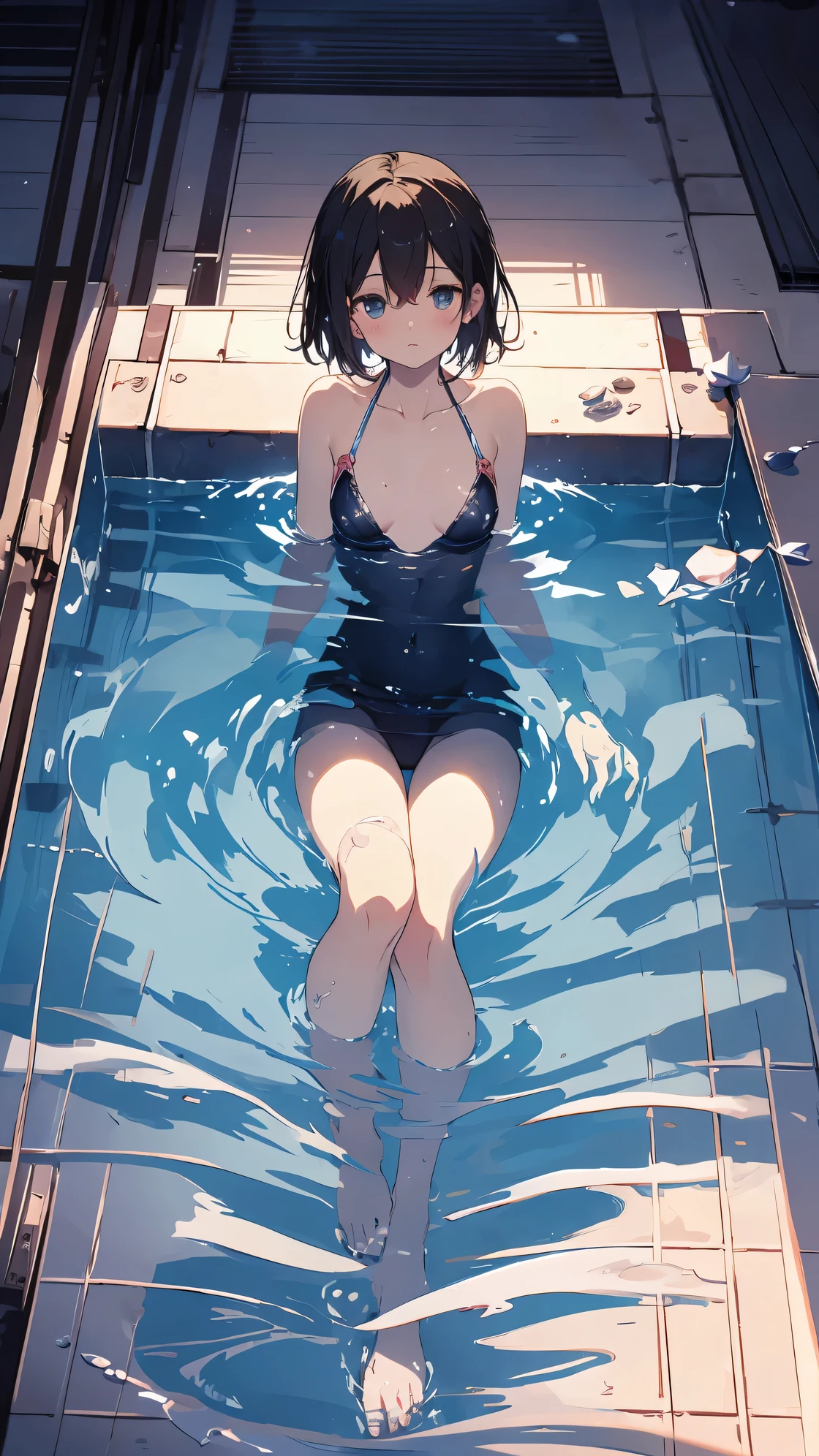 Super high quality by the art god, super detailed, High resolution, Shinkai Makoto style, anime moe art style, best anime 8K konachan wallpaper, pixiv contest winner, perfect anatomy, break,(Please draw a picture of a girl floating in a pool.)full body image,view from above,break, 1 girl, (alone,little woman,ta, , 13 y),All limbs, full finger,relaxation, floating, sleeping on one's back, androgynous charm, Wet,(very short hair), Wet messy hair, Wet bangs, flat chest, Because I'm slender, small ass, between legs, small eyes, beautiful and fine eyes, Well-proportioned iris and pupils, expressive eyes, beautiful detailed lips, High resolutionの詳細な髪, swimsuit, (detailed lighting), (detailed background), on the pool water, in School pool, break,super dense skin, Best lighting by famous artists, 8K, cute illustration,UHD, rough skin
