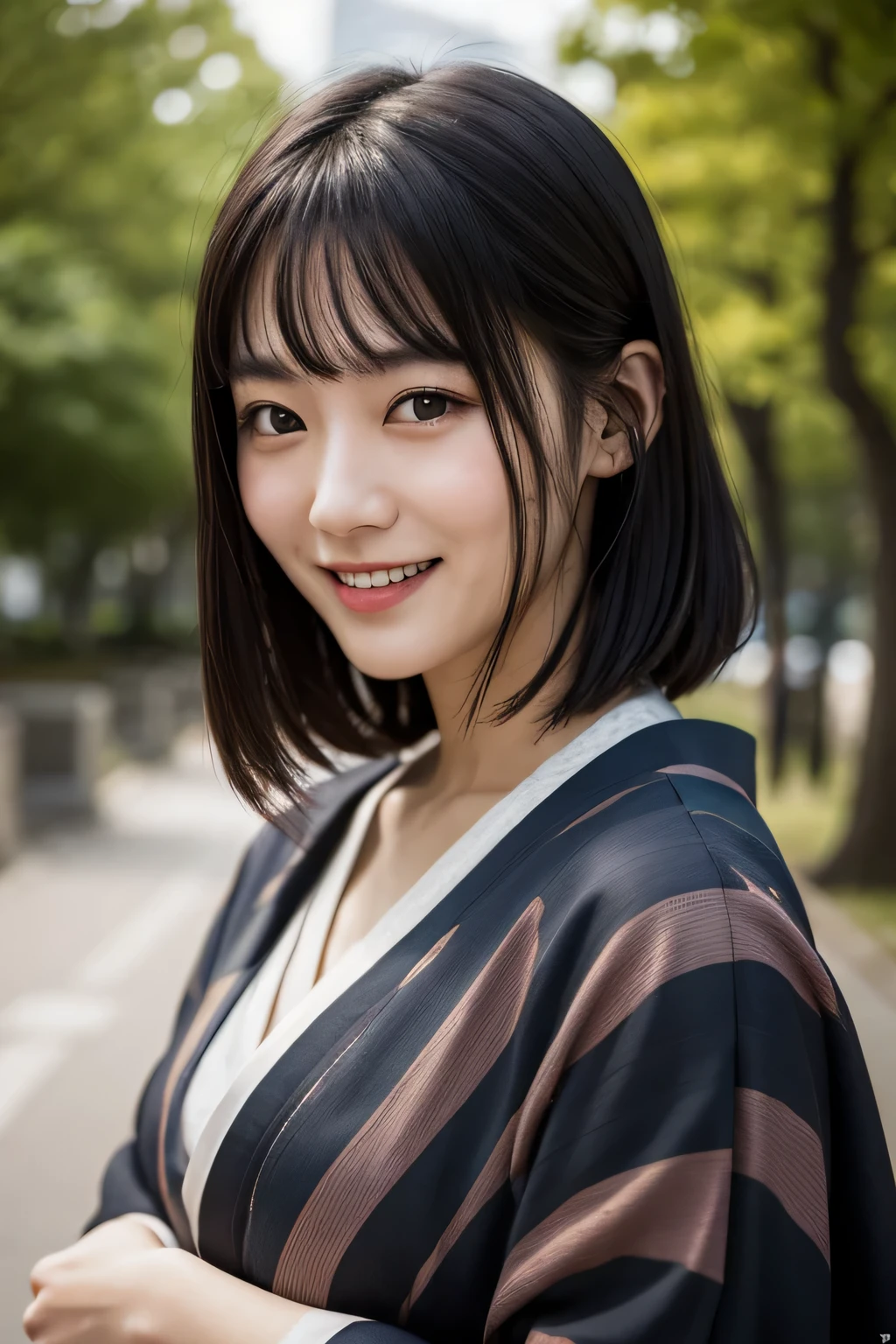 one woman,kimono,sexy pose,,thin,cute face,beautiful face,double eyelid,smile,medium hair,black hair,black eye,evening,public park,Mysterious,high quality,realistic,Japanese,Beautiful woman,gravure