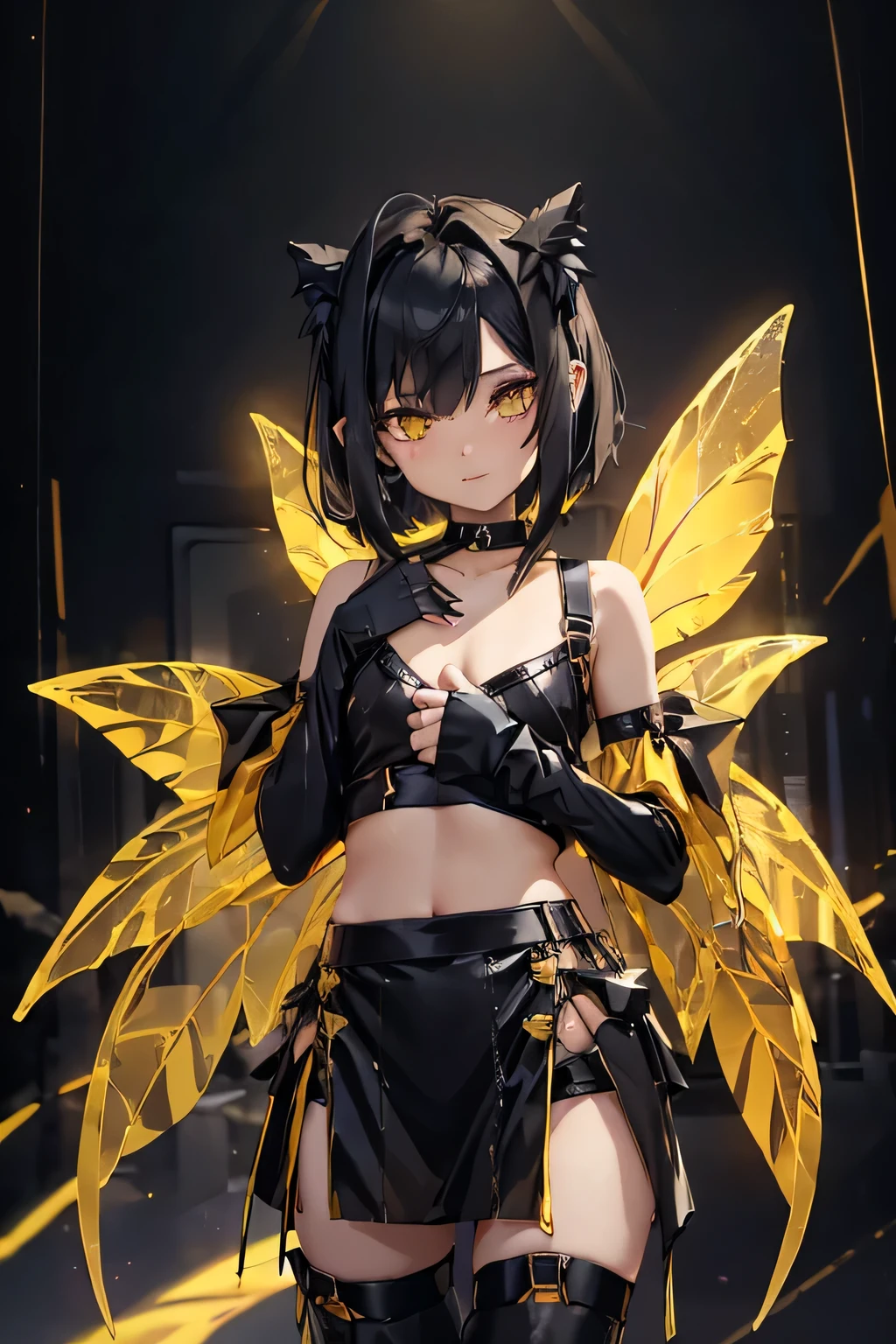 femboy, (flat chest:1.2), black and yellow clothing, miniskirt with side slit, crop top, arm sleeves, gloves, background:abstract, choker, thigh highs, short messy black hair, light amber eyes, blushing, high quality, has_wings, fairy_wings, hands behind back