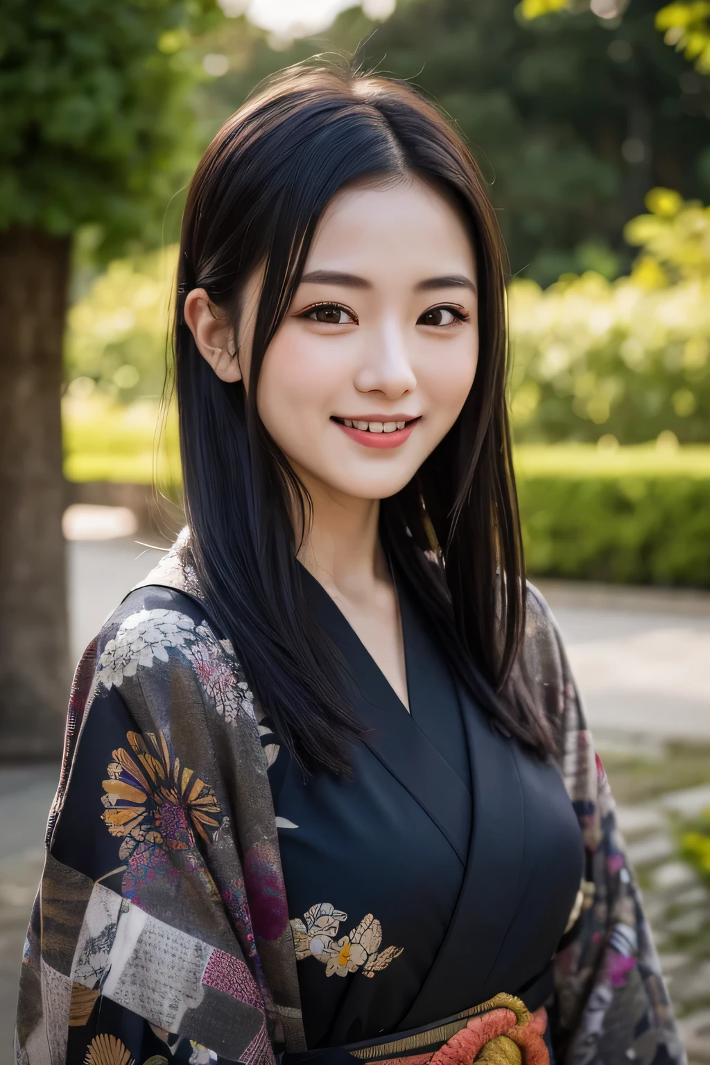 one woman,kimono,sexy pose,,thin,cute face,beautiful face,double eyelid,smile,medium hair,black hair,black eye,evening,public park,Mysterious,high quality,realistic,Japanese,Beautiful woman,gravure