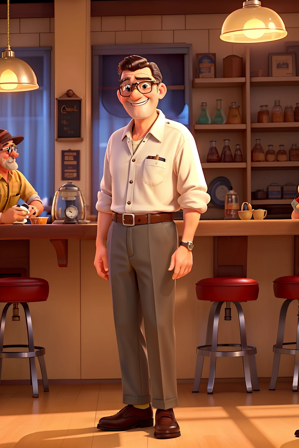 In the charming atmosphere of the 1950s, a lively group of men and women, dressed in typical apparel of the era, can be seen enjoying each other's company in a soda fountain shop. The scene is cinematic, with an 8k, super-defined image that captures the essence of the classic soda shop aesthetics – the gleaming fountains, the shiny chrome counter, and the warm, inviting ambiance.
Standing at the counter, a grandfather figure with a white beard and glasses, dressed in a crisp button-down shirt, pair of slacks, and sleek leather shoes, shares a hearty laugh with his friends