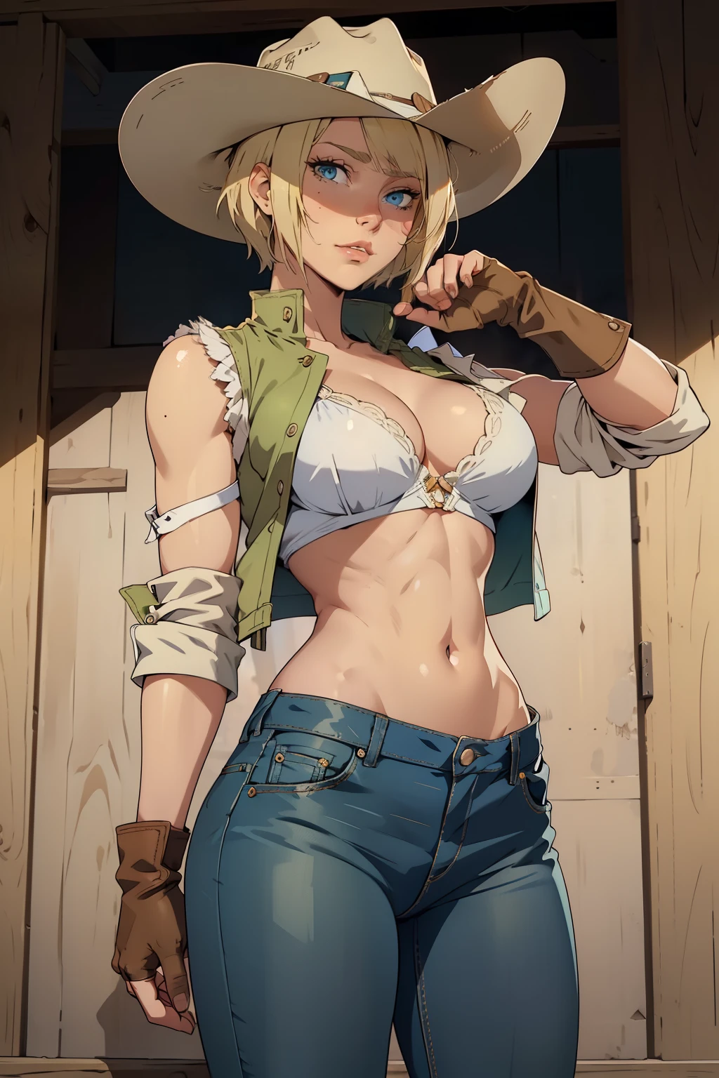 1girl, cowboy hat, white bra, green vest, no sleeve, navel, blue jeans, brown boots, fingerless gloves, short hair, blonde hair, parted bangs, blue eyes, mole under right eye, american old west, best quality, masterpiece