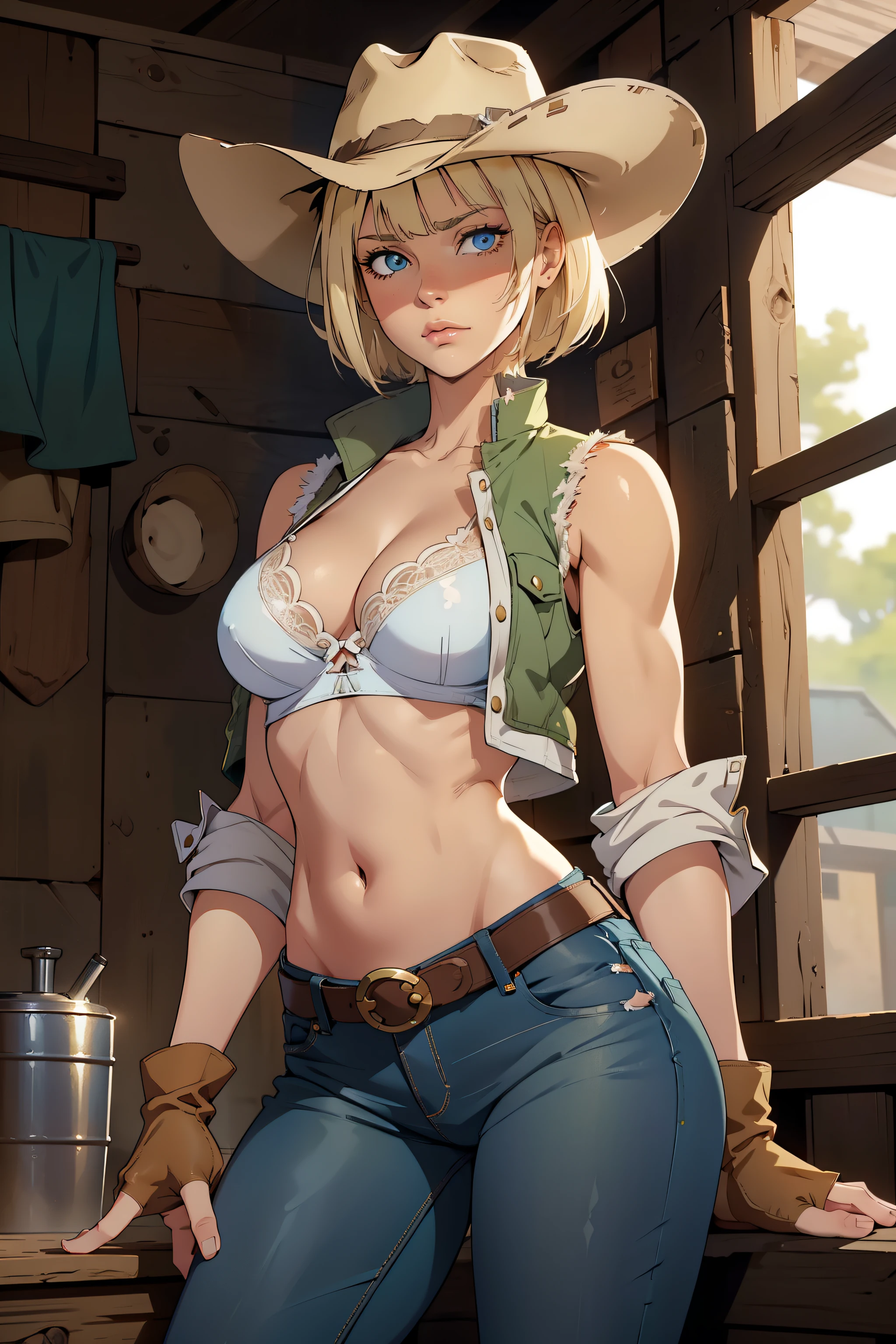 1girl, cowboy hat, white bra, green vest, no sleeve, navel, blue jeans, brown boots, fingerless gloves, short hair, blonde hair, parted bangs, blue eyes, mole under right eye, american old west, best quality, masterpiece