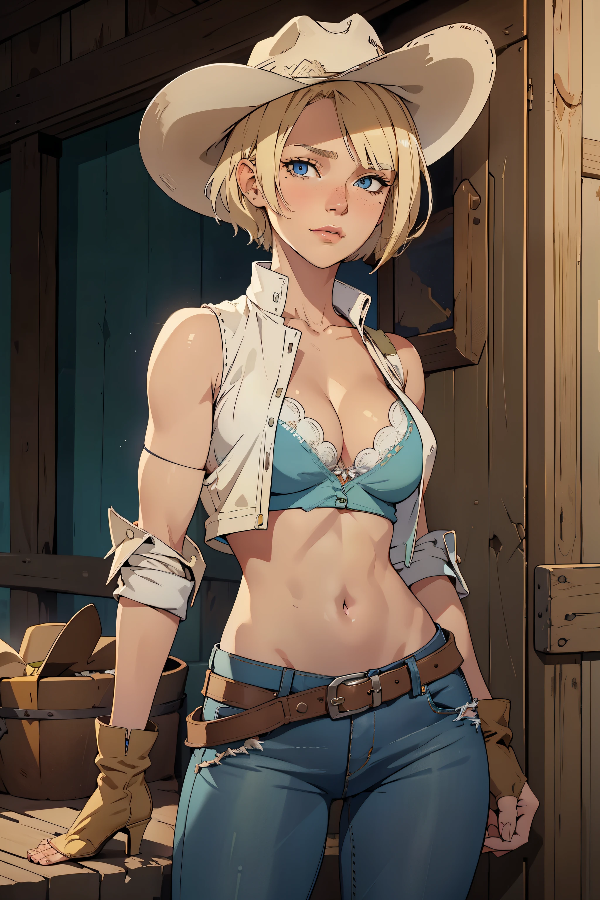 1girl, cowboy hat, white bra, green vest, no sleeve, navel, blue jeans, brown boots, fingerless gloves, short hair, blonde hair, parted bangs, blue eyes, mole under right eye, american old west, best quality, masterpiece