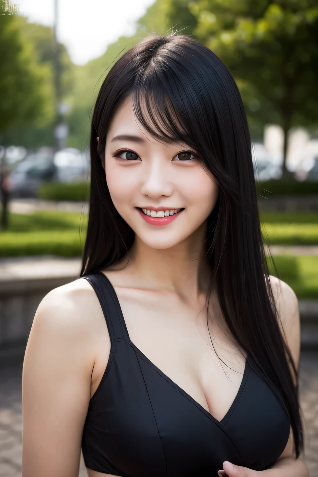 one woman,Succubus Costume,sexy pose,,thin,cute face,beautiful face,double eyelid,smile,medium hair,black hair,black eye,evening,public park,Mysterious,high quality,realistic,Japanese,Beautiful woman,gravure