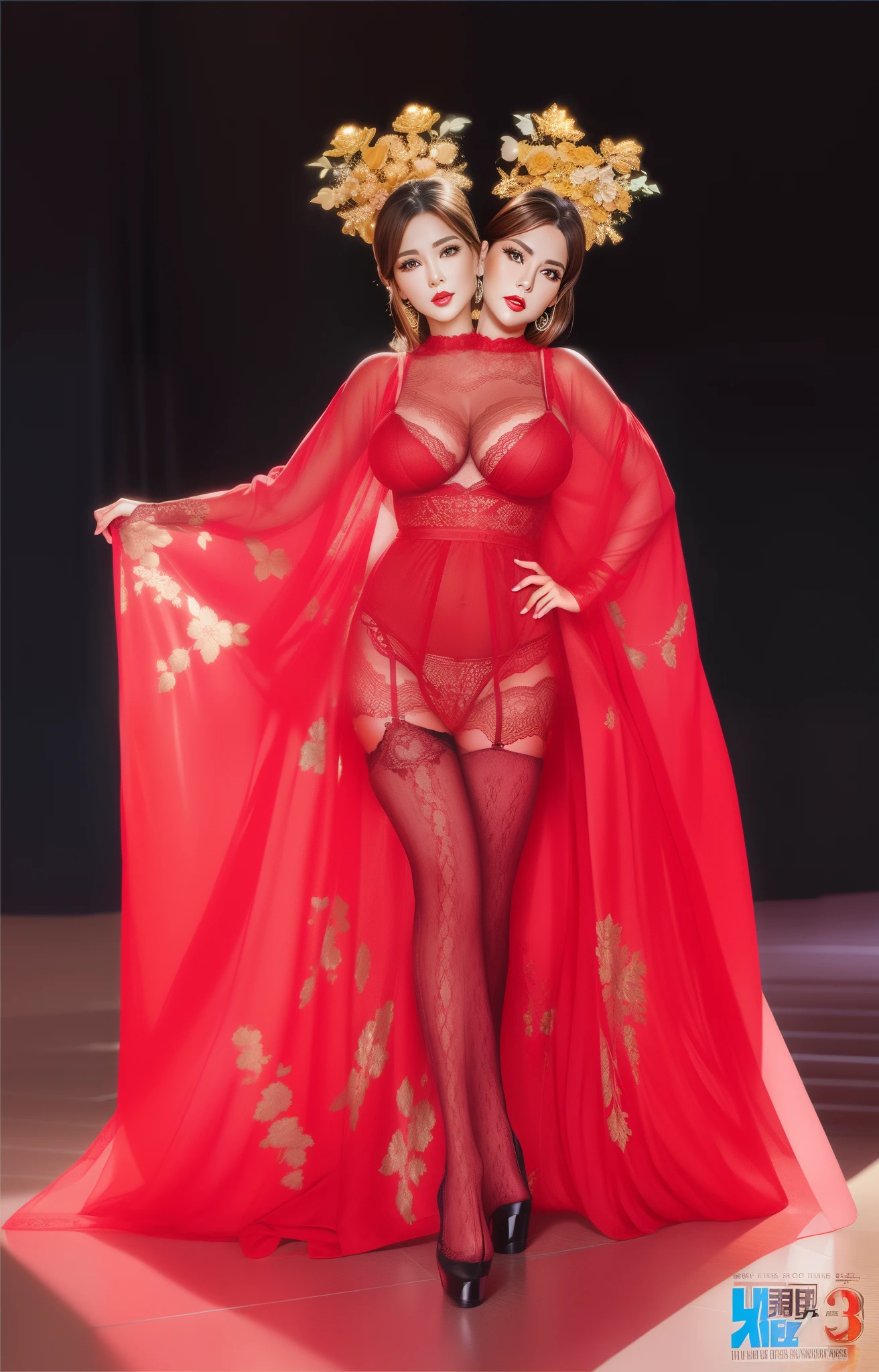 2 heads,Photo of a 50-year-old woman with brown hair, captivating gaze, brown eyes, Wrinkles on her face, black pantyhose,Black High Heel Boots,She wears very sexy lingerie underwear、、Revealing her large sagging breasts, Light makeup and red lips. 32K